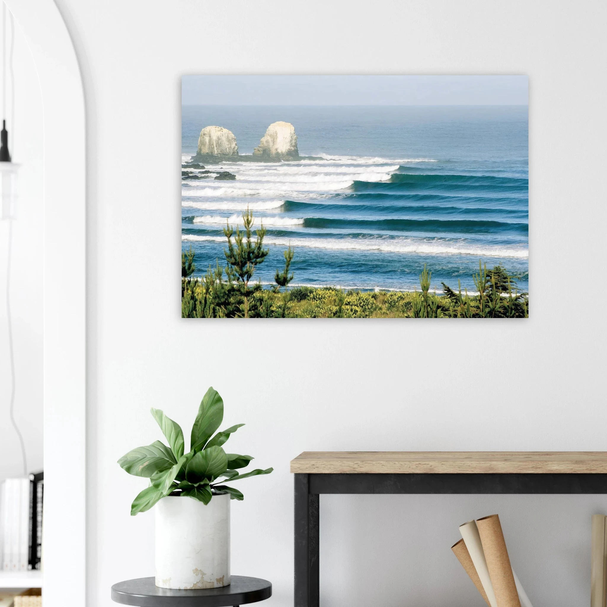 Punta de Lobos, Chile – Linker Pointbreak bei Pichilemu mit charakteristischen Felsnadeln Los Morros. Kunstdruck auf Alu-Dibond.