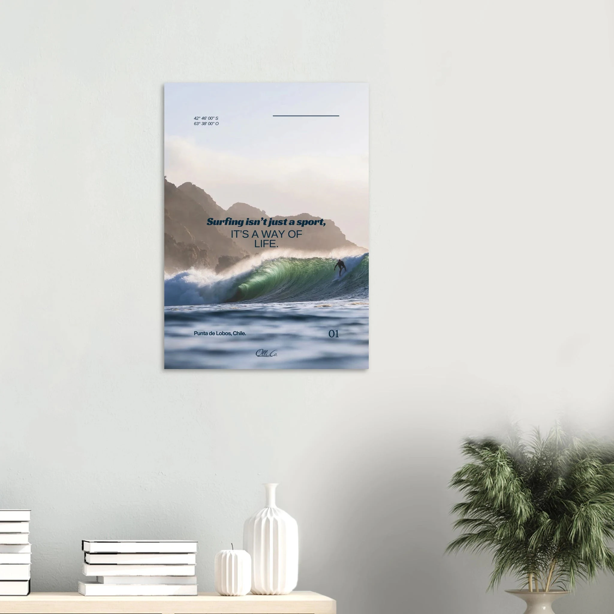 Punta de Lobos, Chile – Linker Pointbreak bei Pichilemu mit charakteristischen Felsnadeln Los Morros. Kunstdruck auf Alu-Dibond.