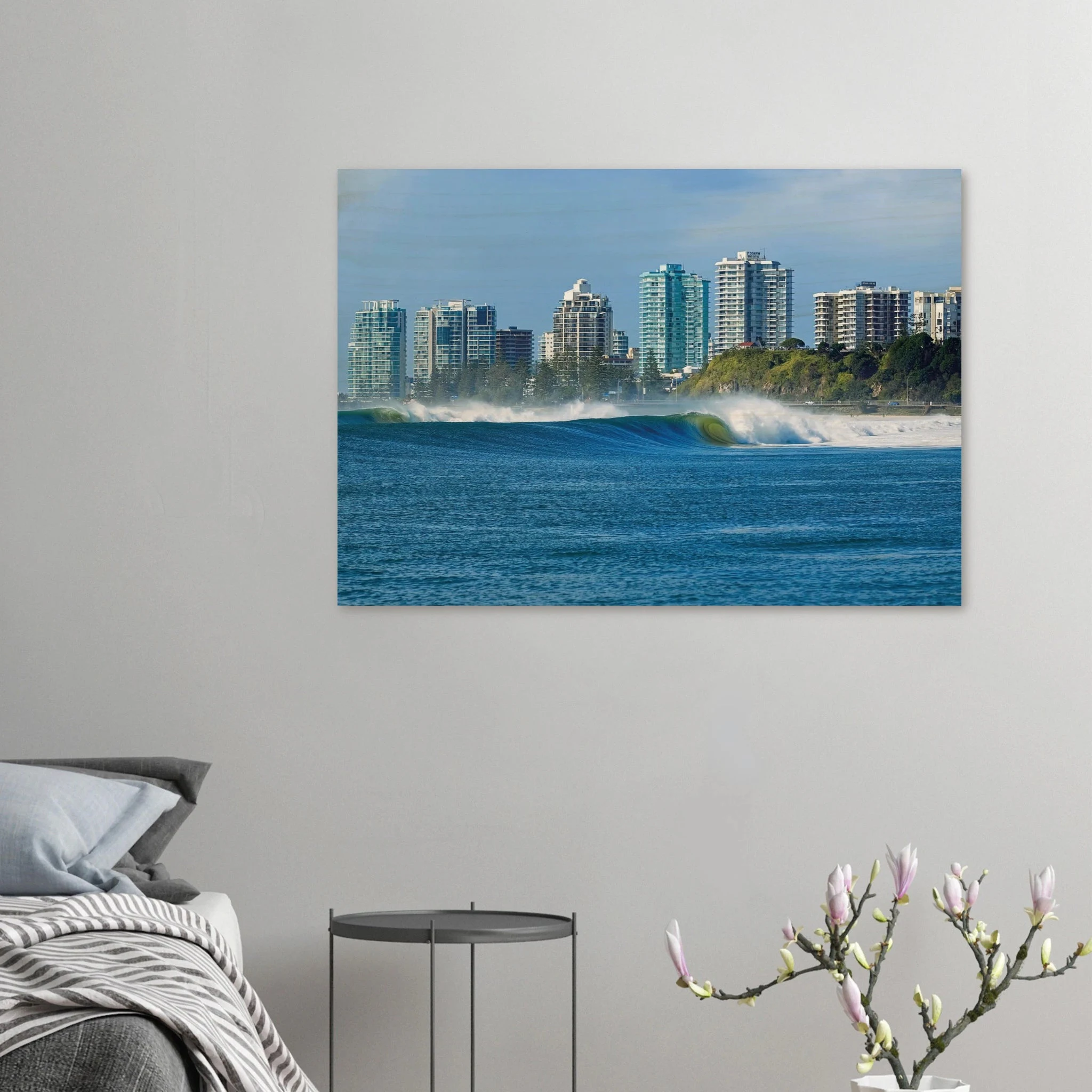 Gold Coast, Australien – Queensland-Küste mit Superbank Pointbreaks wie Snapper Rocks und Kirra. Kunstdruck auf Holz.