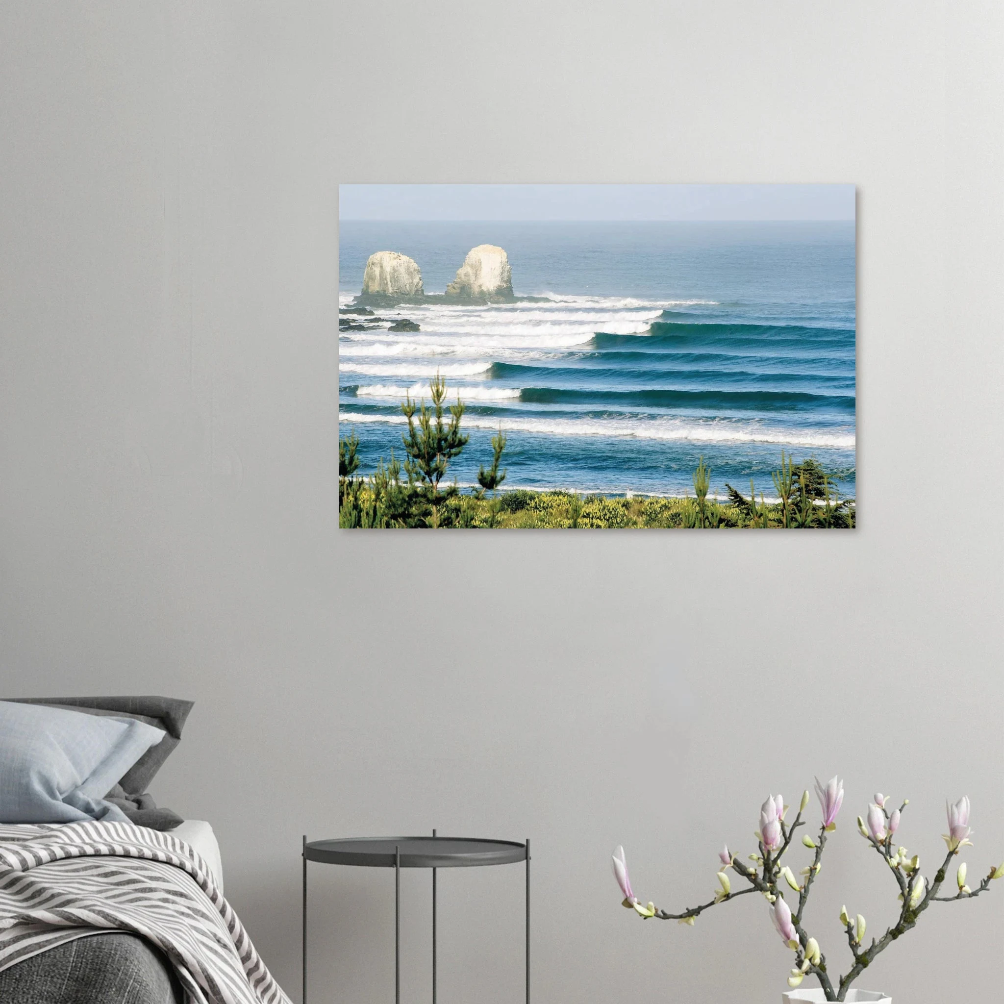 Punta de Lobos, Chile – Linker Pointbreak bei Pichilemu mit charakteristischen Felsnadeln Los Morros. Kunstdruck auf Alu-Dibond.