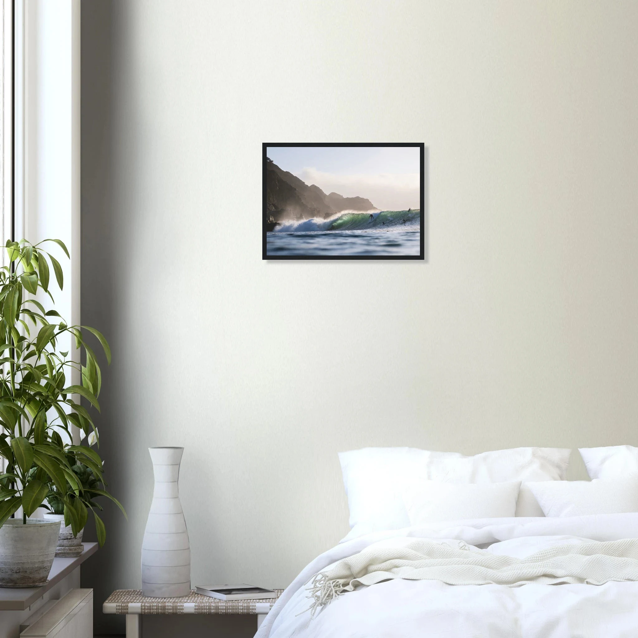 Punta de Lobos, Chile – Linker Pointbreak bei Pichilemu mit charakteristischen Felsnadeln Los Morros. Poster im Holzrahmen.
