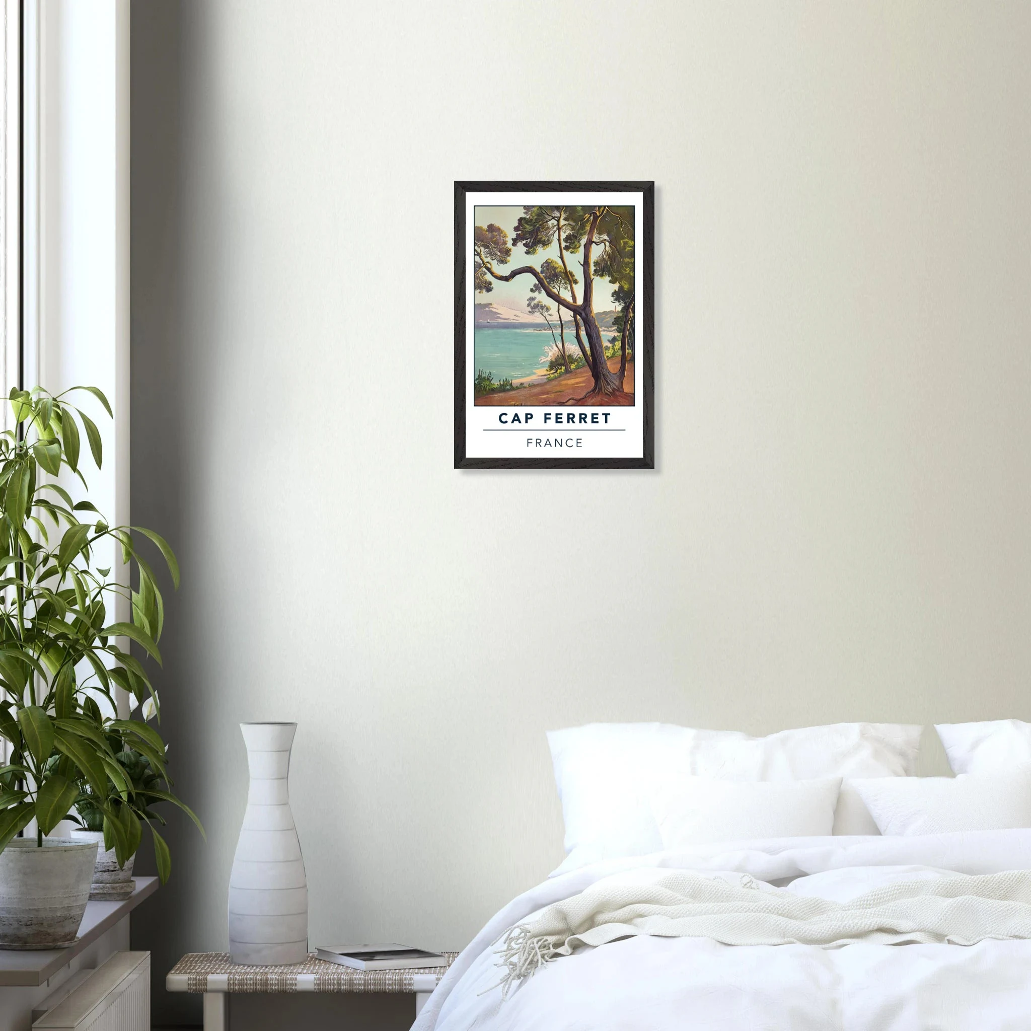 Cap Ferret, Frankreich – Atlantik-Halbinsel südwestlich von Bordeaux mit langen Beachbreaks und Dünenlandschaft. Poster im Galerie-Holzrahmen.