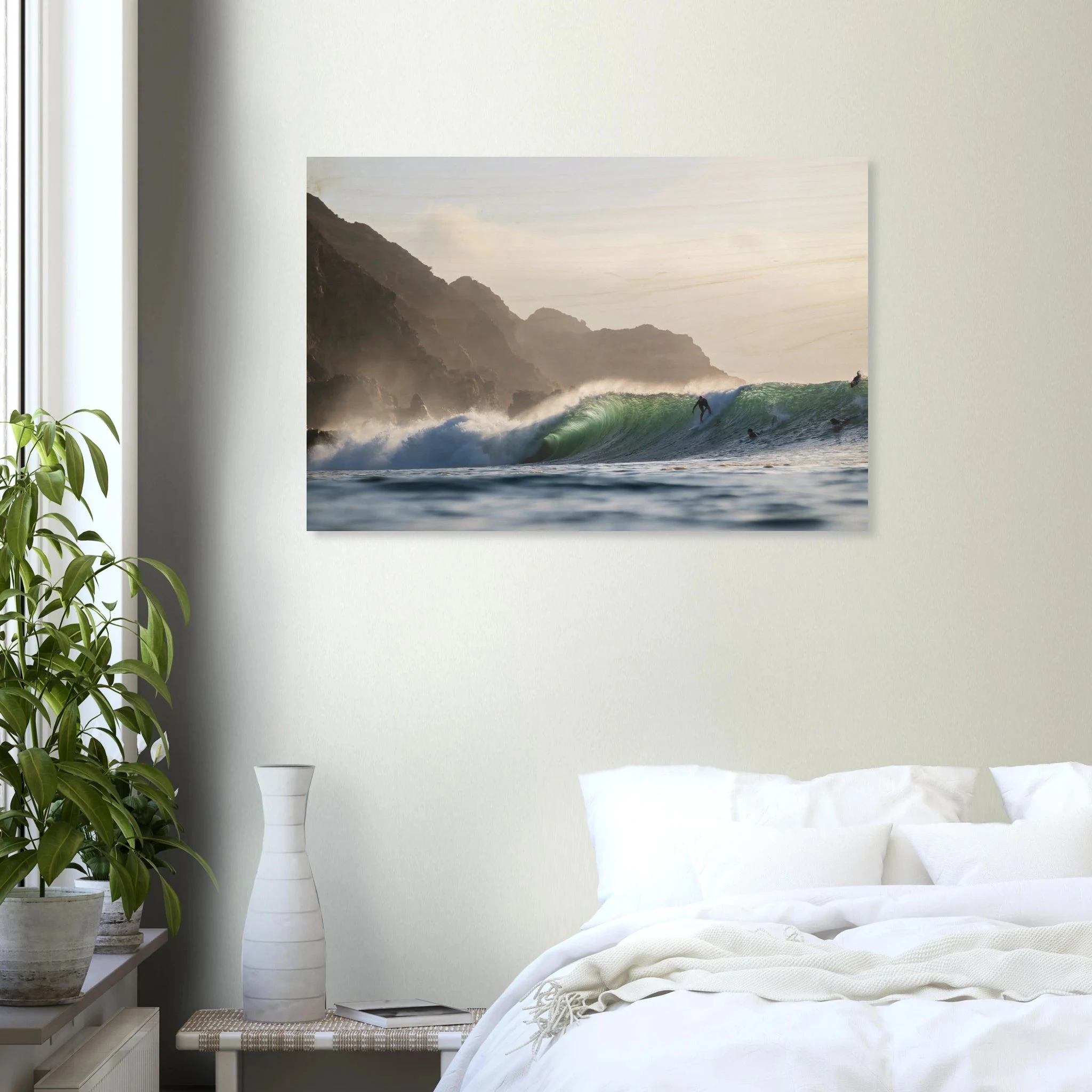 Punta de Lobos, Chile – Linker Pointbreak bei Pichilemu mit charakteristischen Felsnadeln Los Morros. Kunstdruck auf Holz.