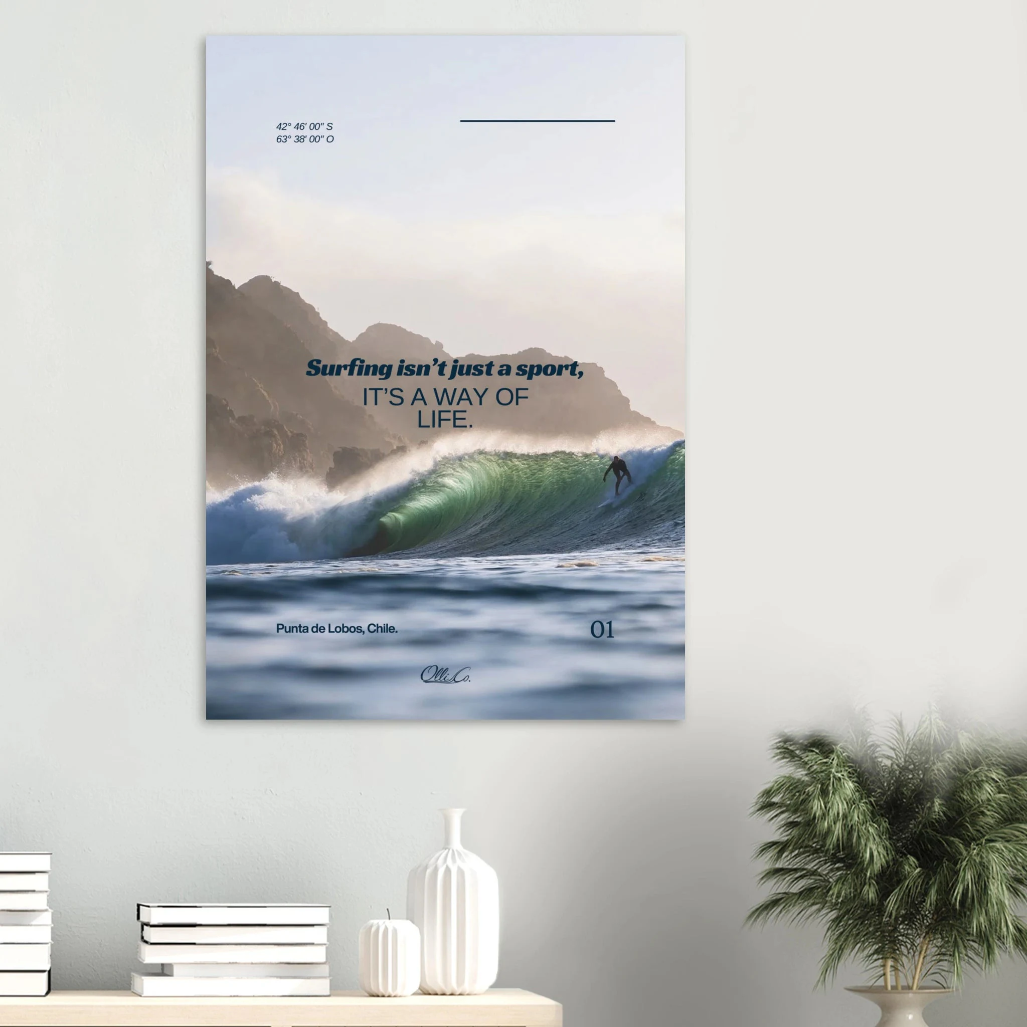 Punta de Lobos, Chile – Linker Pointbreak bei Pichilemu mit charakteristischen Felsnadeln Los Morros. Kunstdruck auf Alu-Dibond.