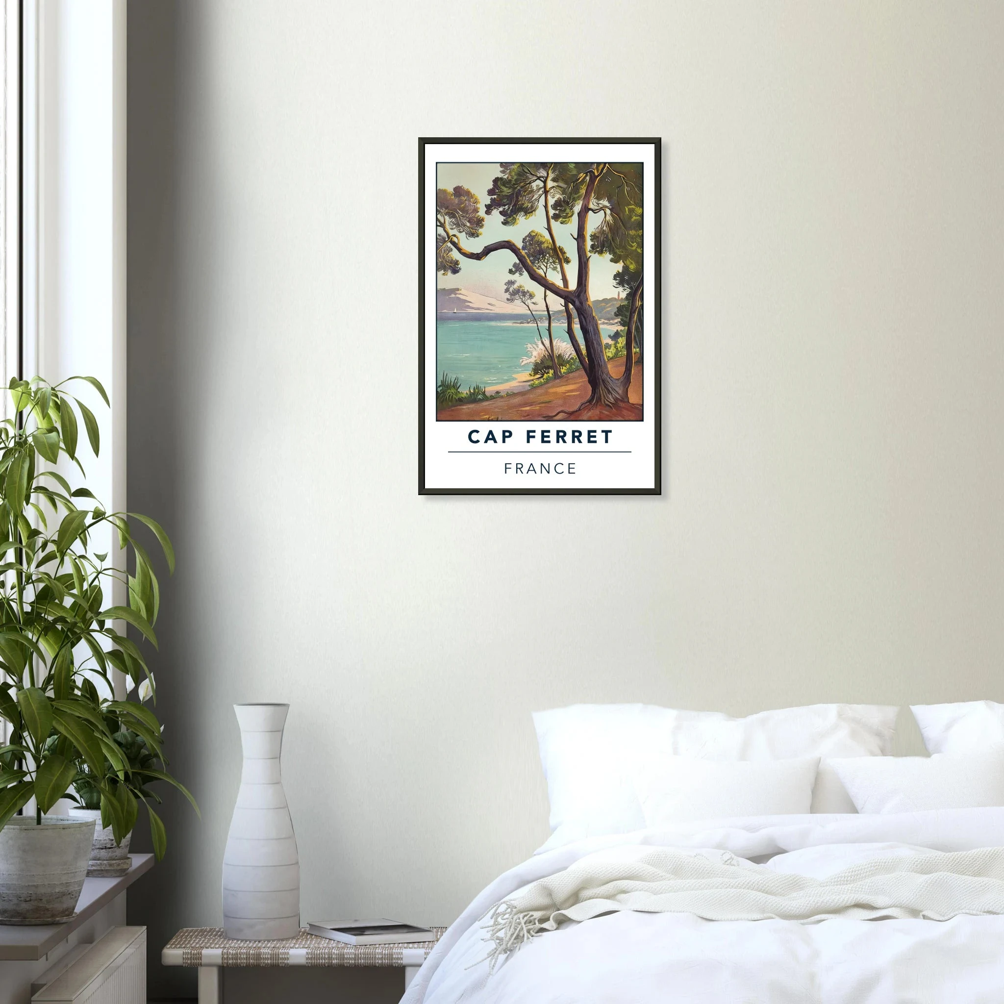Cap Ferret, Frankreich – Atlantik-Halbinsel südwestlich von Bordeaux mit langen Beachbreaks und Dünenlandschaft. Poster im Metallrahmen.