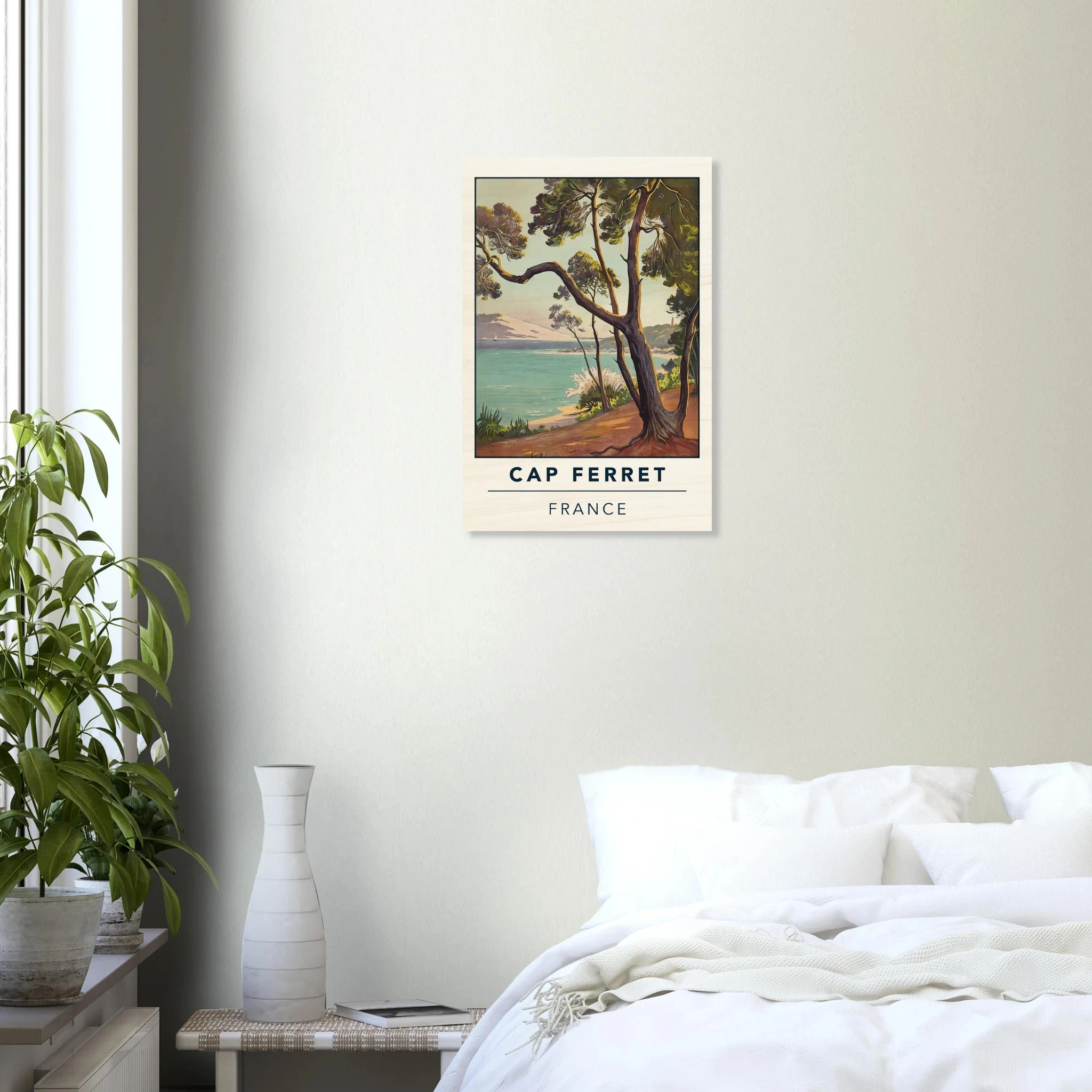 Cap Ferret, Frankreich – Atlantik-Halbinsel südwestlich von Bordeaux mit langen Beachbreaks und Dünenlandschaft. Kunstdruck auf Holz.