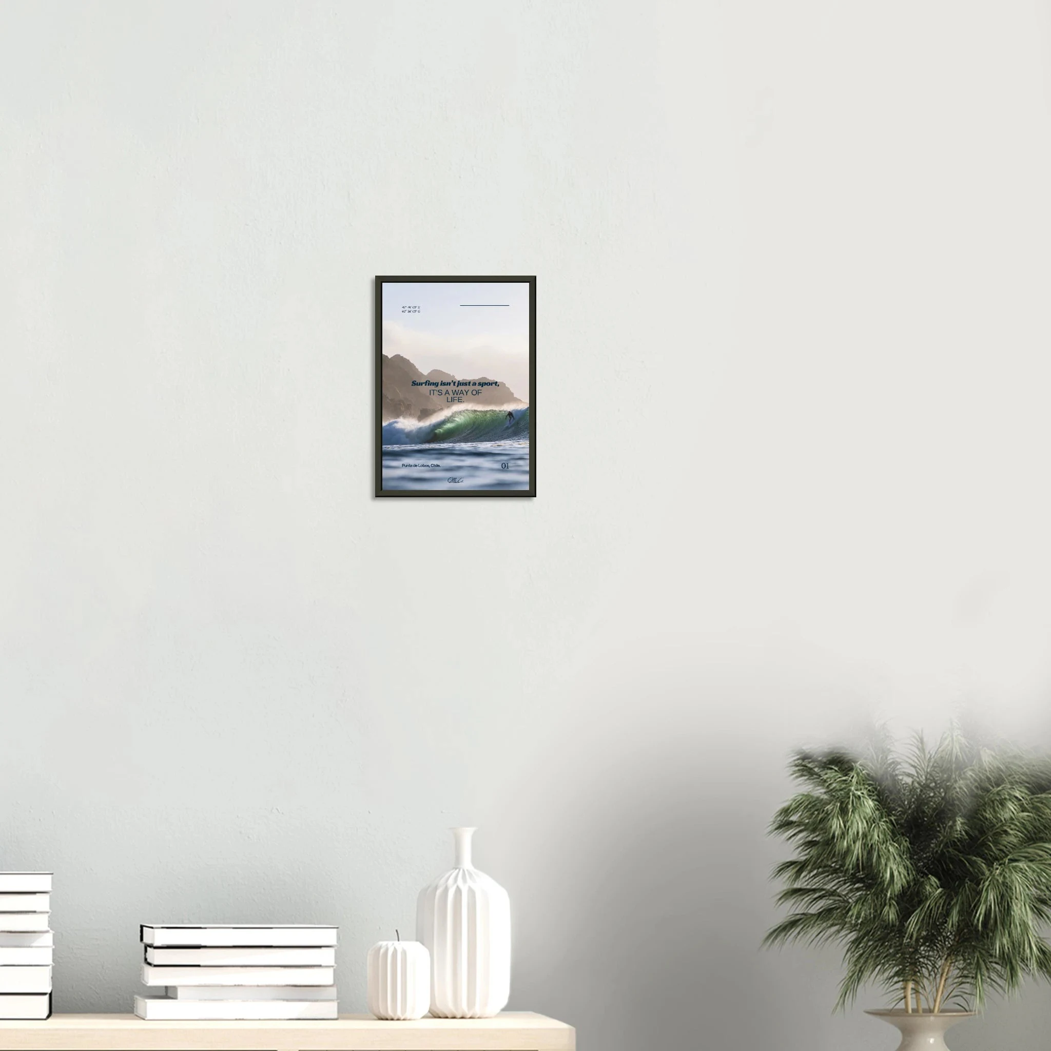 Punta de Lobos, Chile – Linker Pointbreak bei Pichilemu mit charakteristischen Felsnadeln Los Morros. Poster im Metallrahmen.