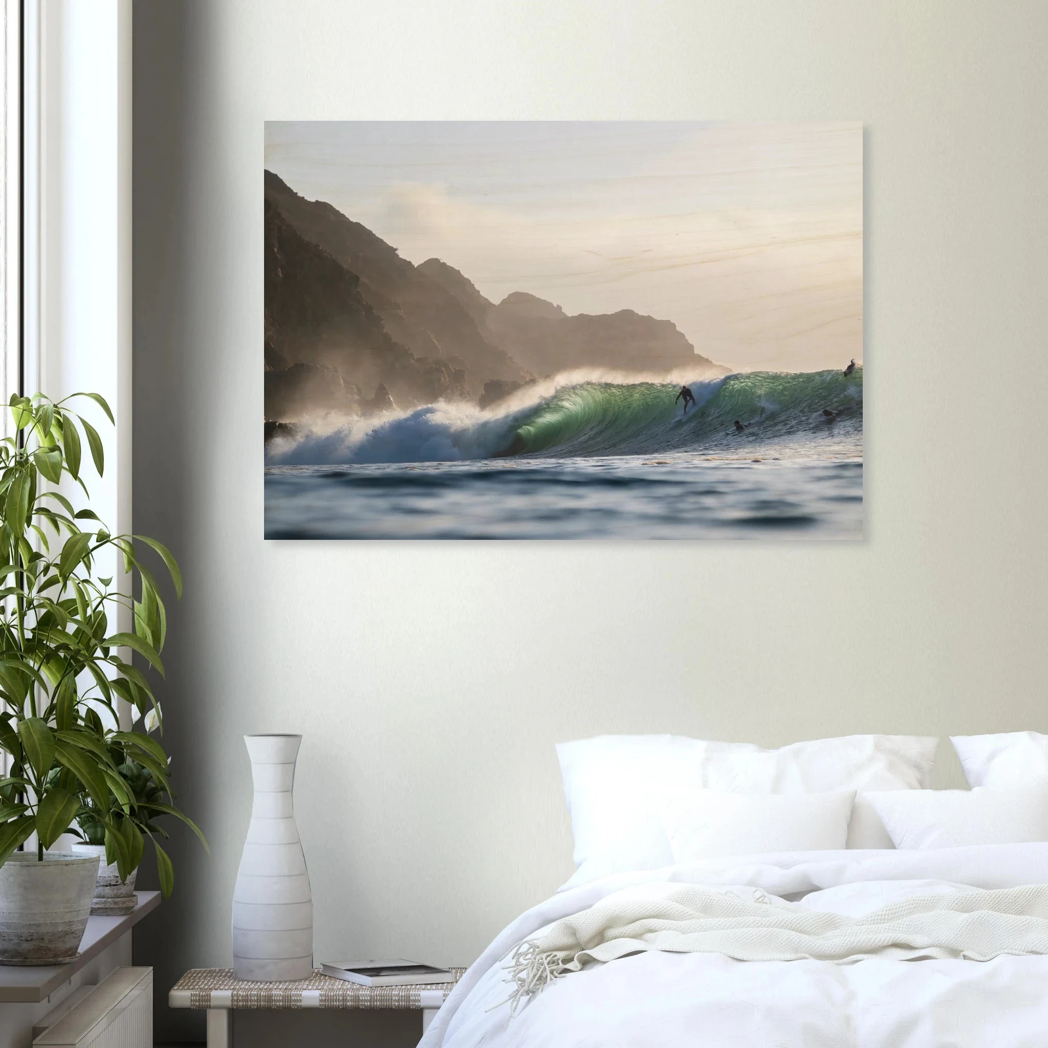Punta de Lobos, Chile – Linker Pointbreak bei Pichilemu mit charakteristischen Felsnadeln Los Morros. Kunstdruck auf Holz.