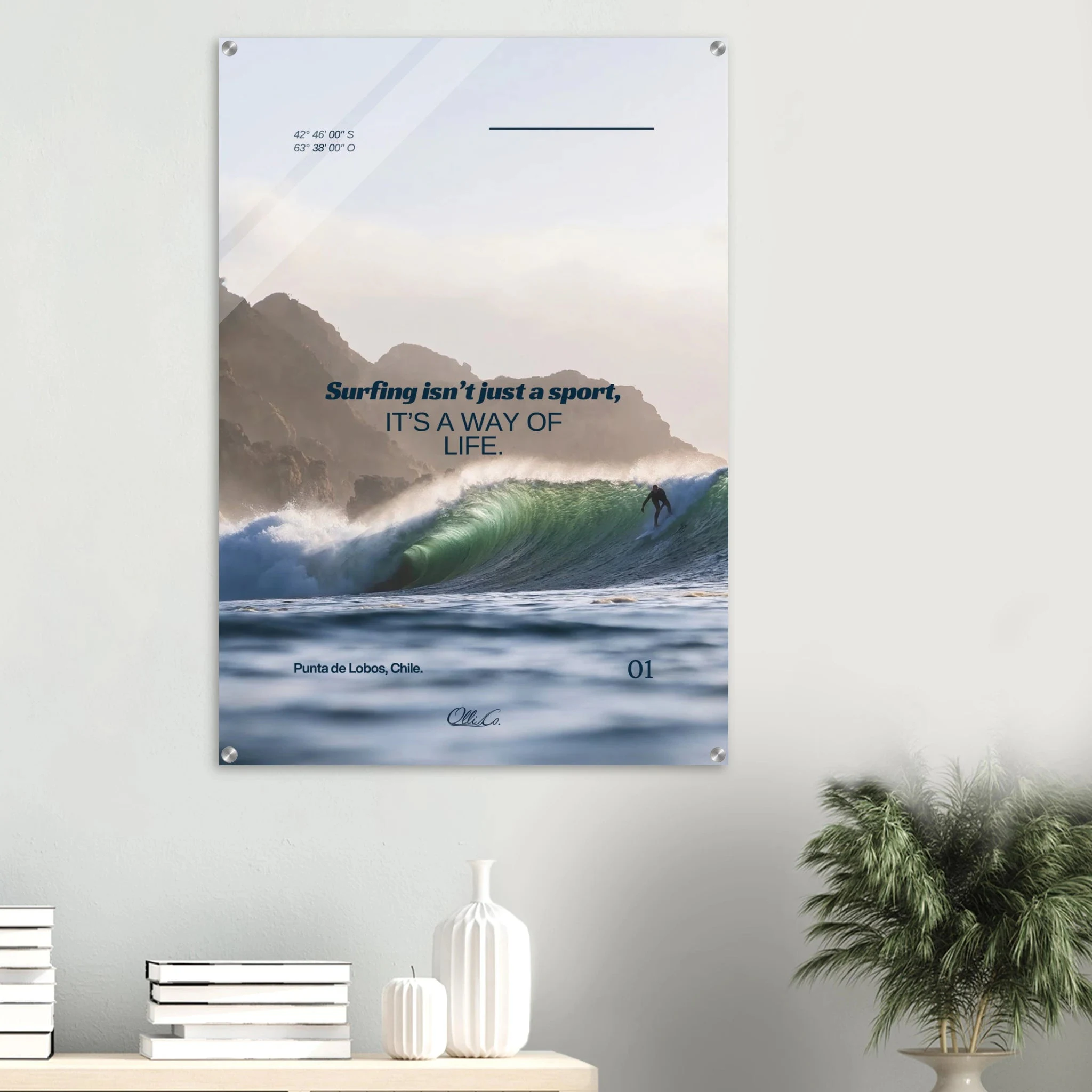 Punta de Lobos, Chile – Linker Pointbreak bei Pichilemu mit charakteristischen Felsnadeln Los Morros. Kunstdruck auf Acrylglas.