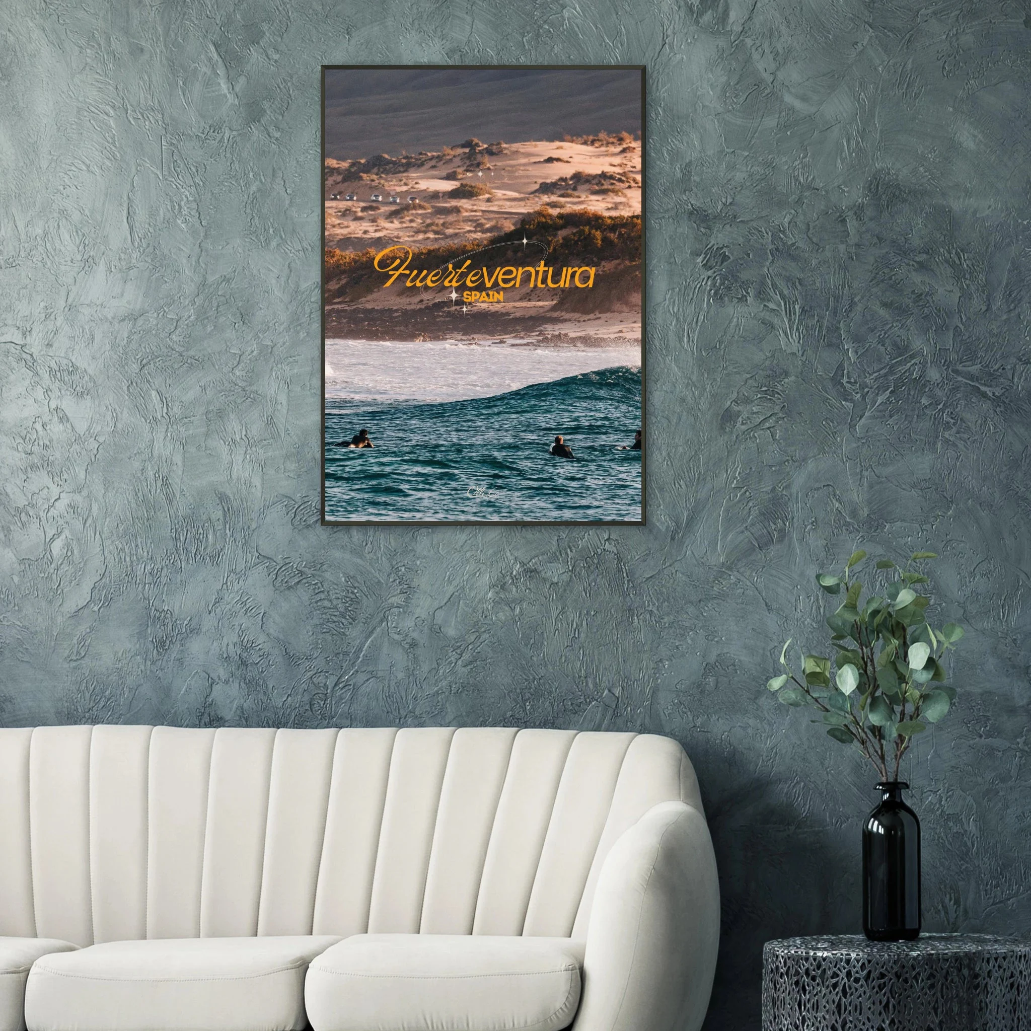 Fuerteventura, Spanien – Kanareninsel mit Vulkangestein-Reefbreaks im Norden und ganzjährig konstantem Atlantik-Swell. Poster im Metallrahmen.