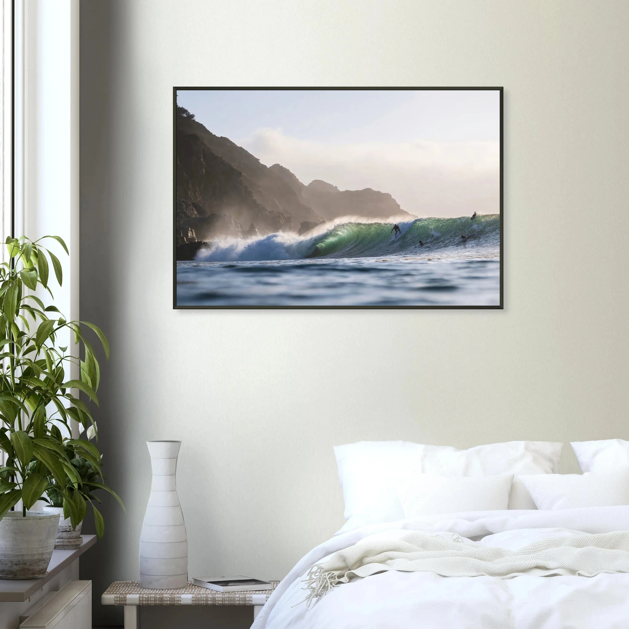 Punta de Lobos, Chile – Linker Pointbreak bei Pichilemu mit charakteristischen Felsnadeln Los Morros. Poster im Metallrahmen.