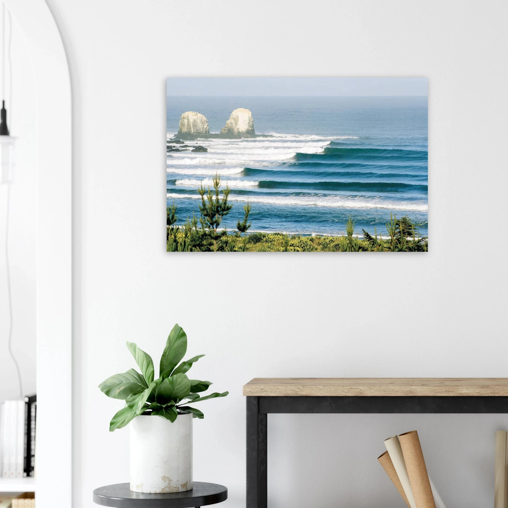 Punta de Lobos, Chile – Linker Pointbreak bei Pichilemu mit charakteristischen Felsnadeln Los Morros. Kunstdruck auf Alu-Dibond.