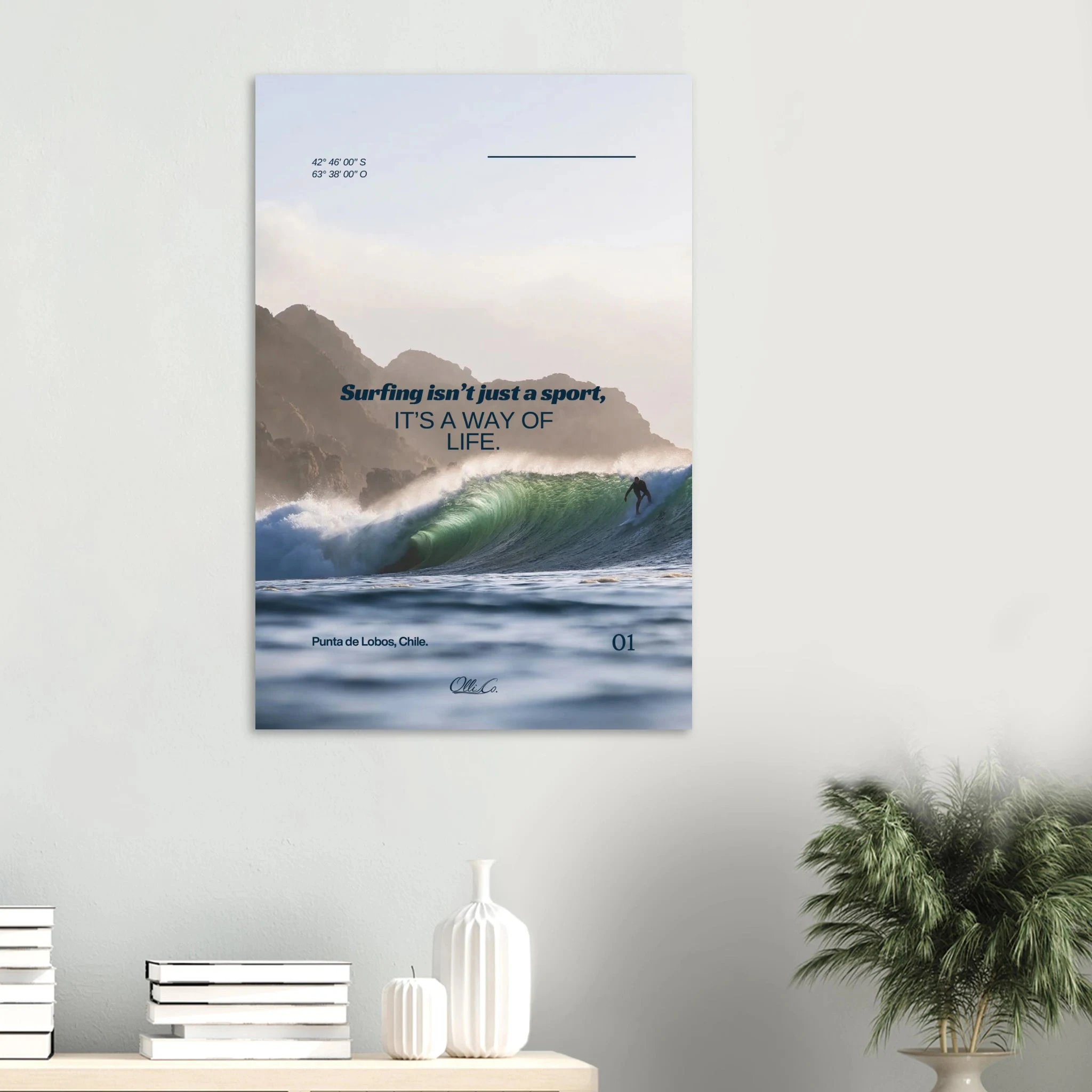 Punta de Lobos, Chile – Linker Pointbreak bei Pichilemu mit charakteristischen Felsnadeln Los Morros. Kunstdruck auf Alu-Dibond.