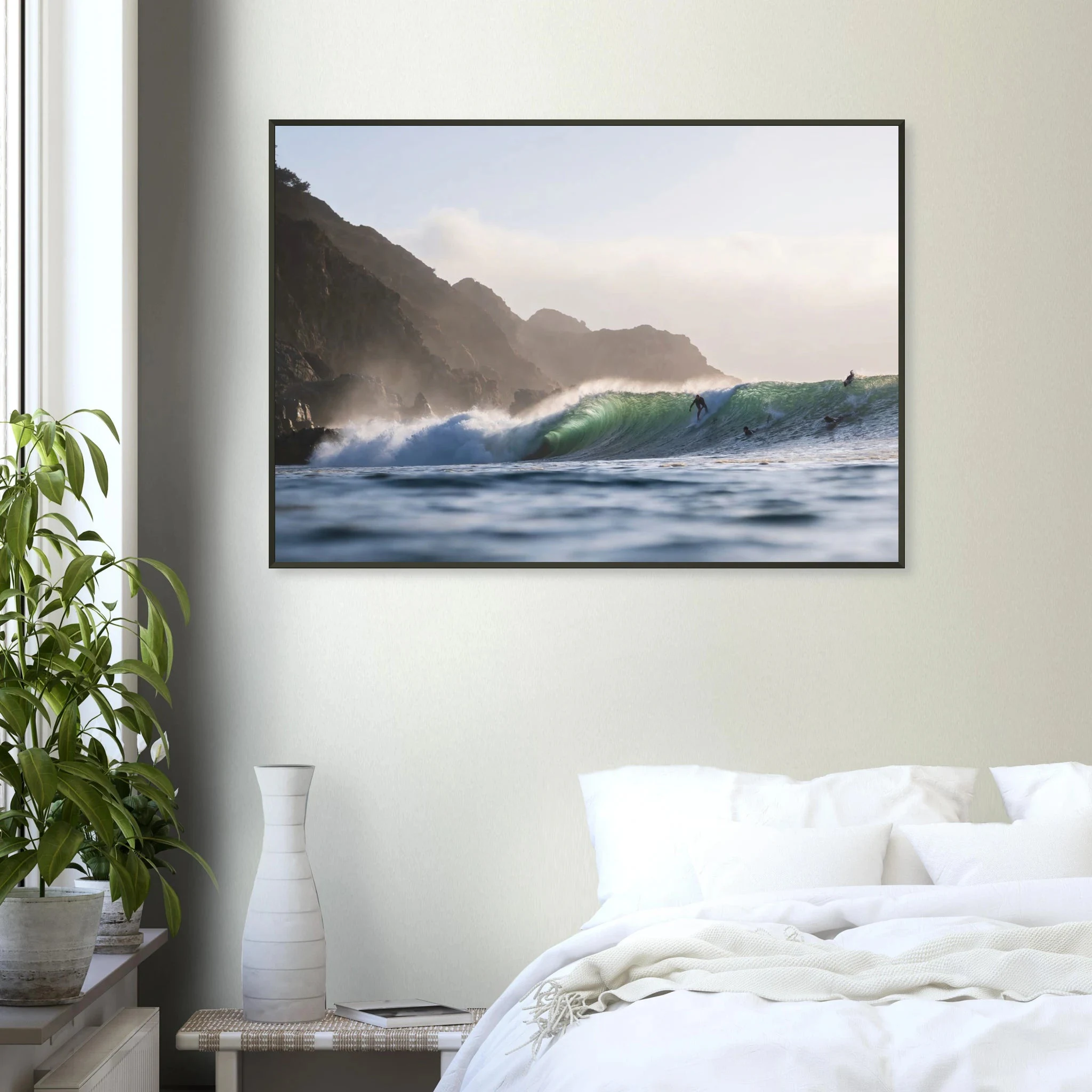 Punta de Lobos, Chile – Linker Pointbreak bei Pichilemu mit charakteristischen Felsnadeln Los Morros. Poster im Metallrahmen.