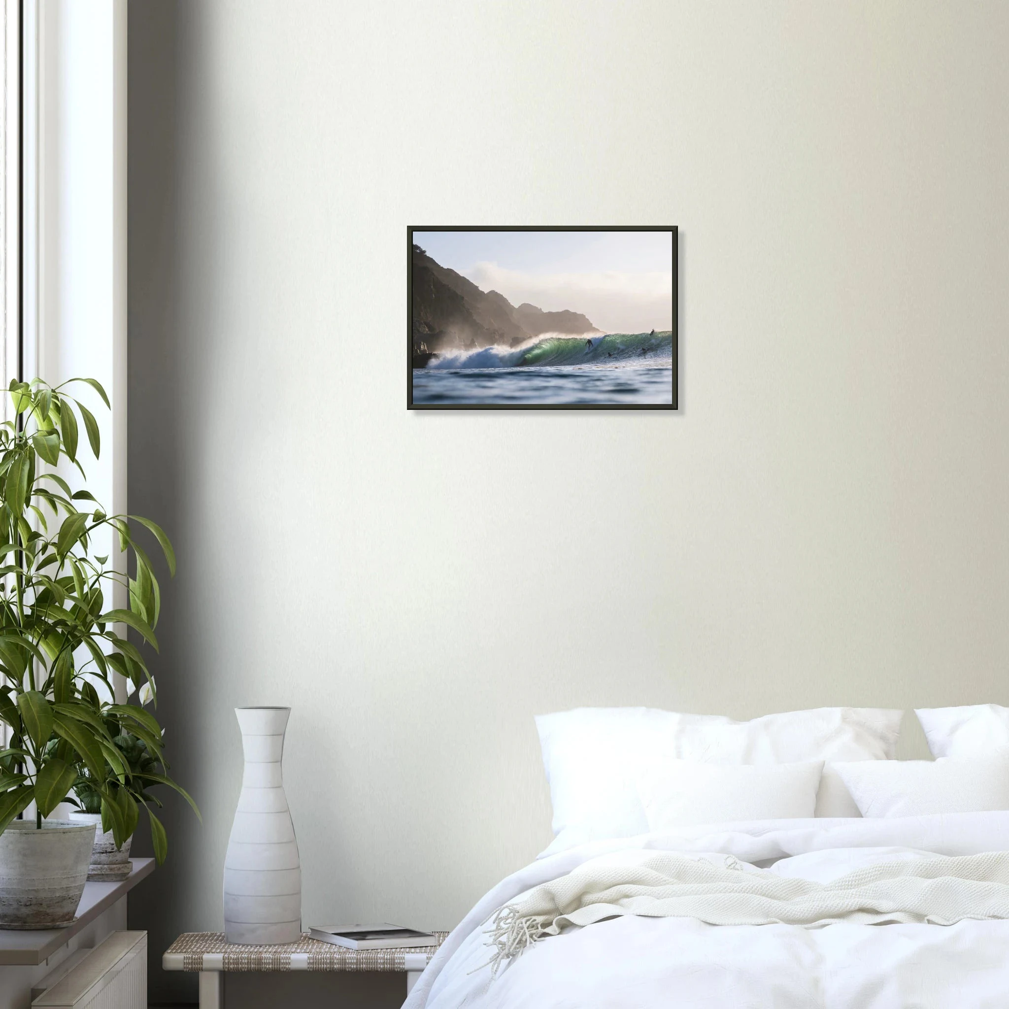 Punta de Lobos, Chile – Linker Pointbreak bei Pichilemu mit charakteristischen Felsnadeln Los Morros. Poster im Metallrahmen.