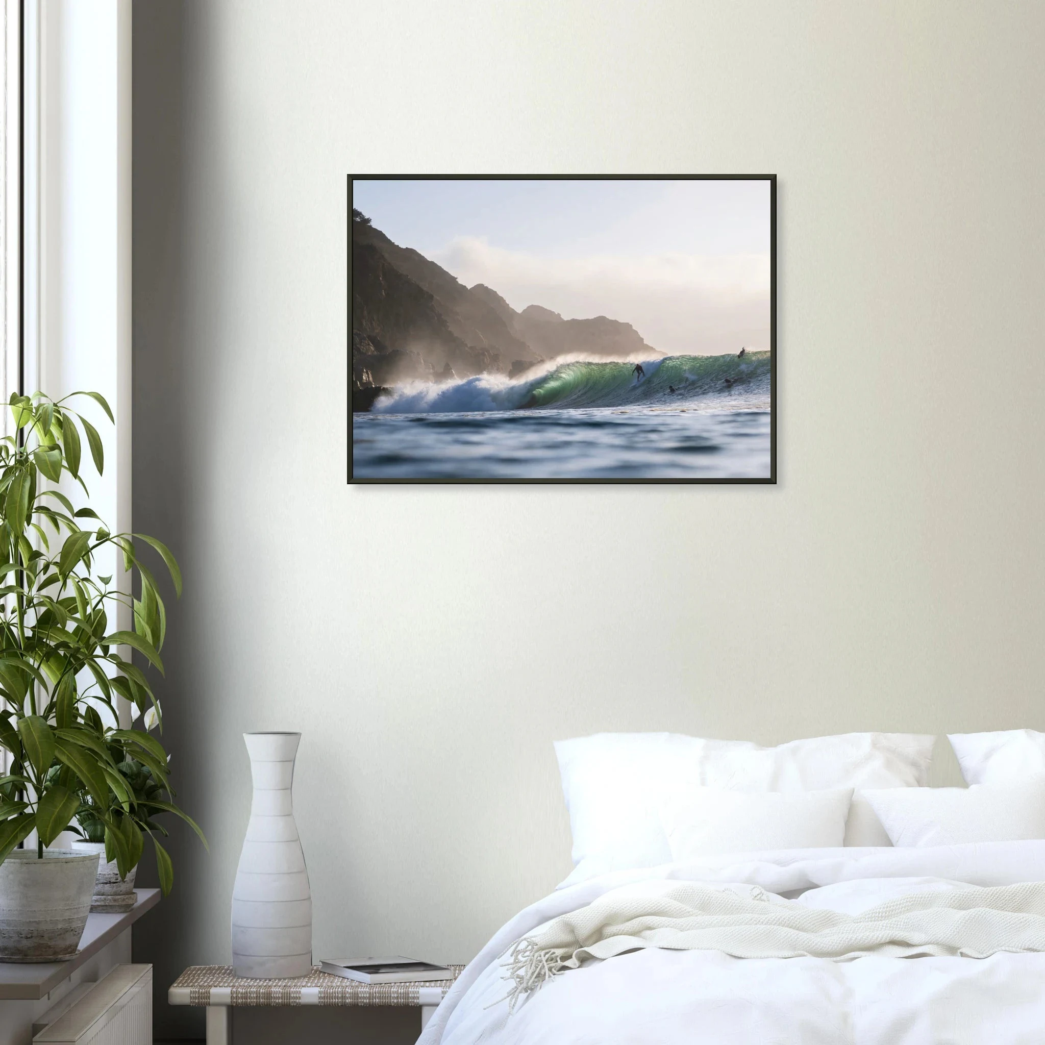 Punta de Lobos, Chile – Linker Pointbreak bei Pichilemu mit charakteristischen Felsnadeln Los Morros. Poster im Metallrahmen.