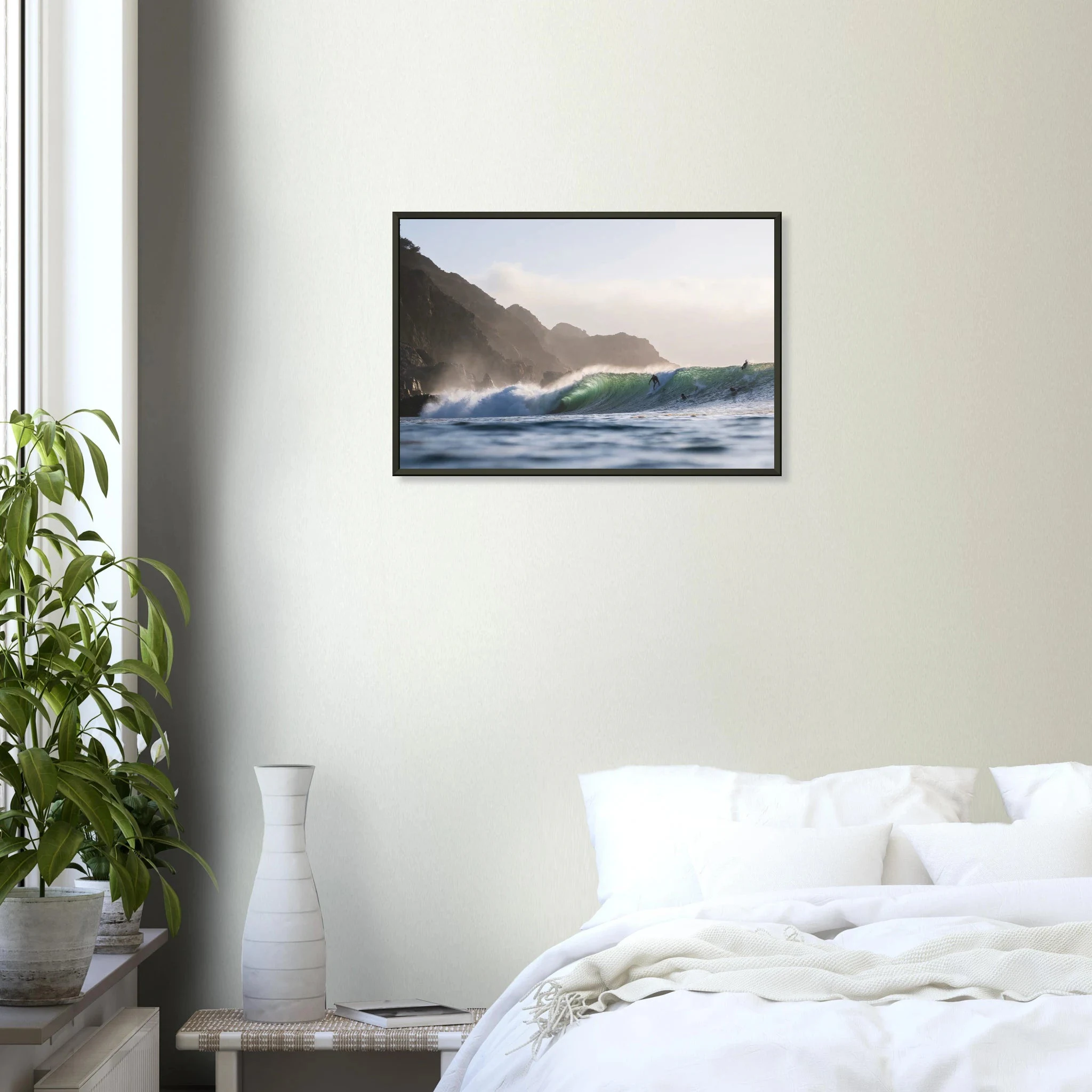 Punta de Lobos, Chile – Linker Pointbreak bei Pichilemu mit charakteristischen Felsnadeln Los Morros. Poster im Metallrahmen.