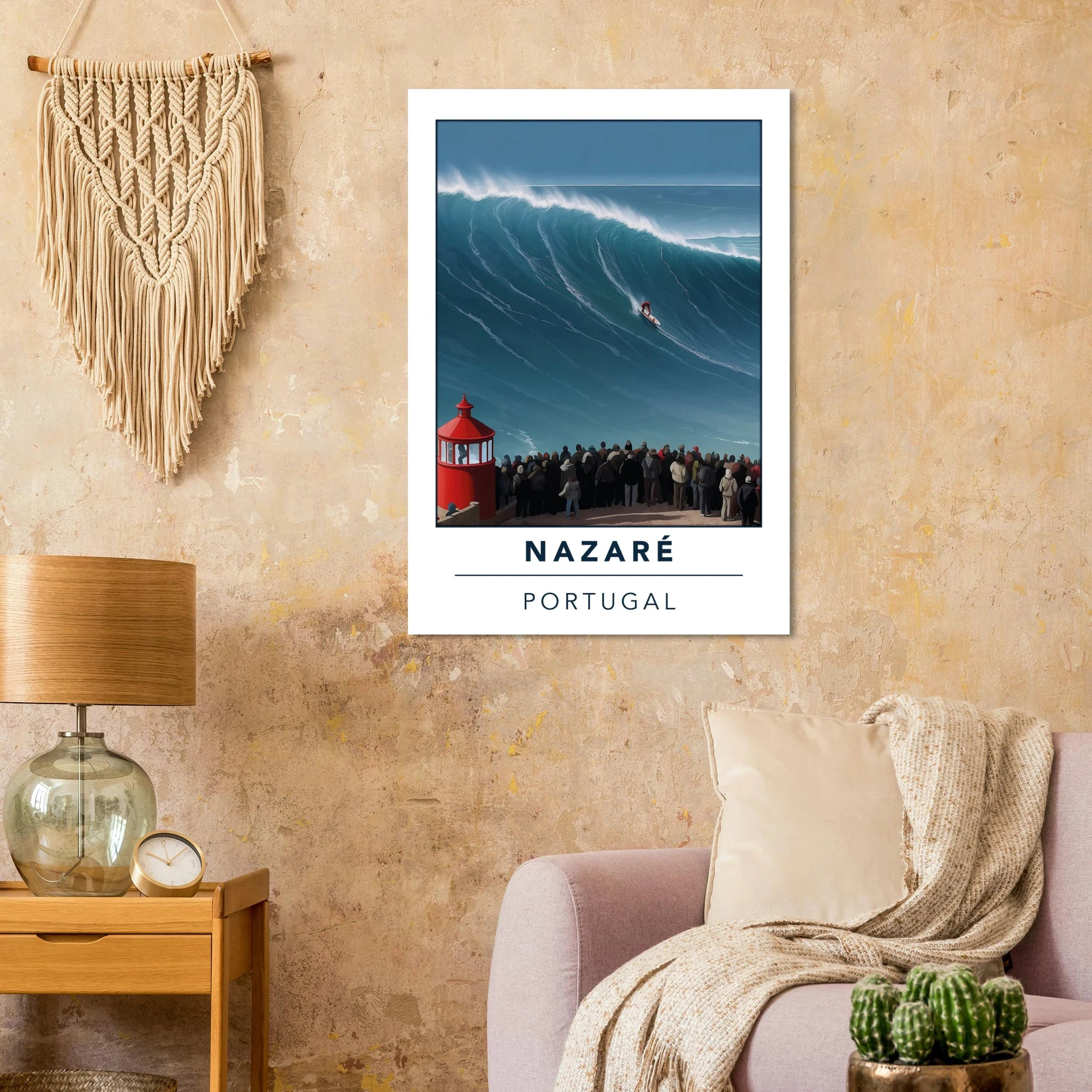 Nazaré, Portugal – Praia do Norte, weltgrößte Big-Wave-Welle Europas an der portugiesischen Atlantikküste. Kunstdruck auf Alu-Dibond.
