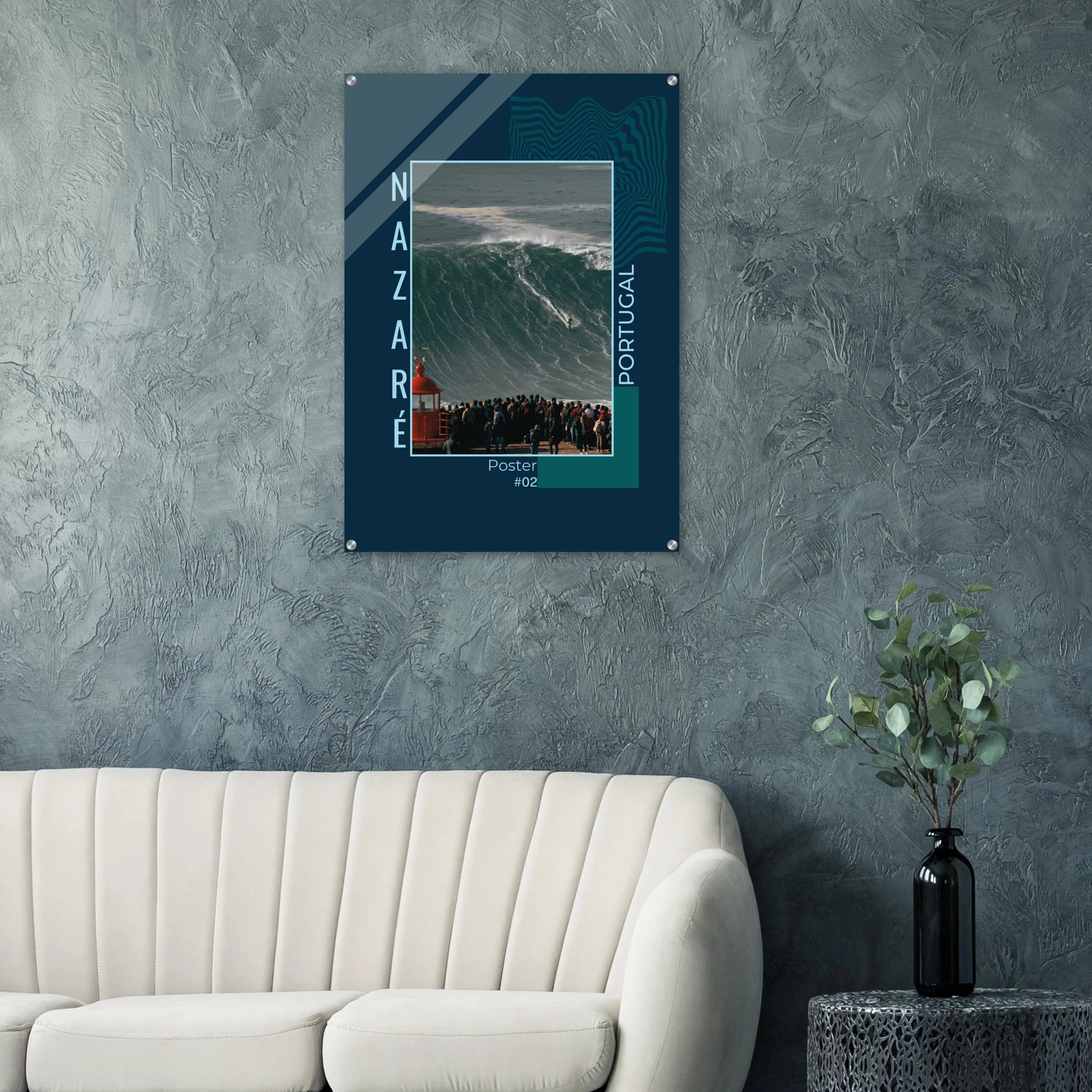 Nazaré, Portugal – Praia do Norte, weltgrößte Big-Wave-Welle Europas an der portugiesischen Atlantikküste. Kunstdruck auf Acrylglas.