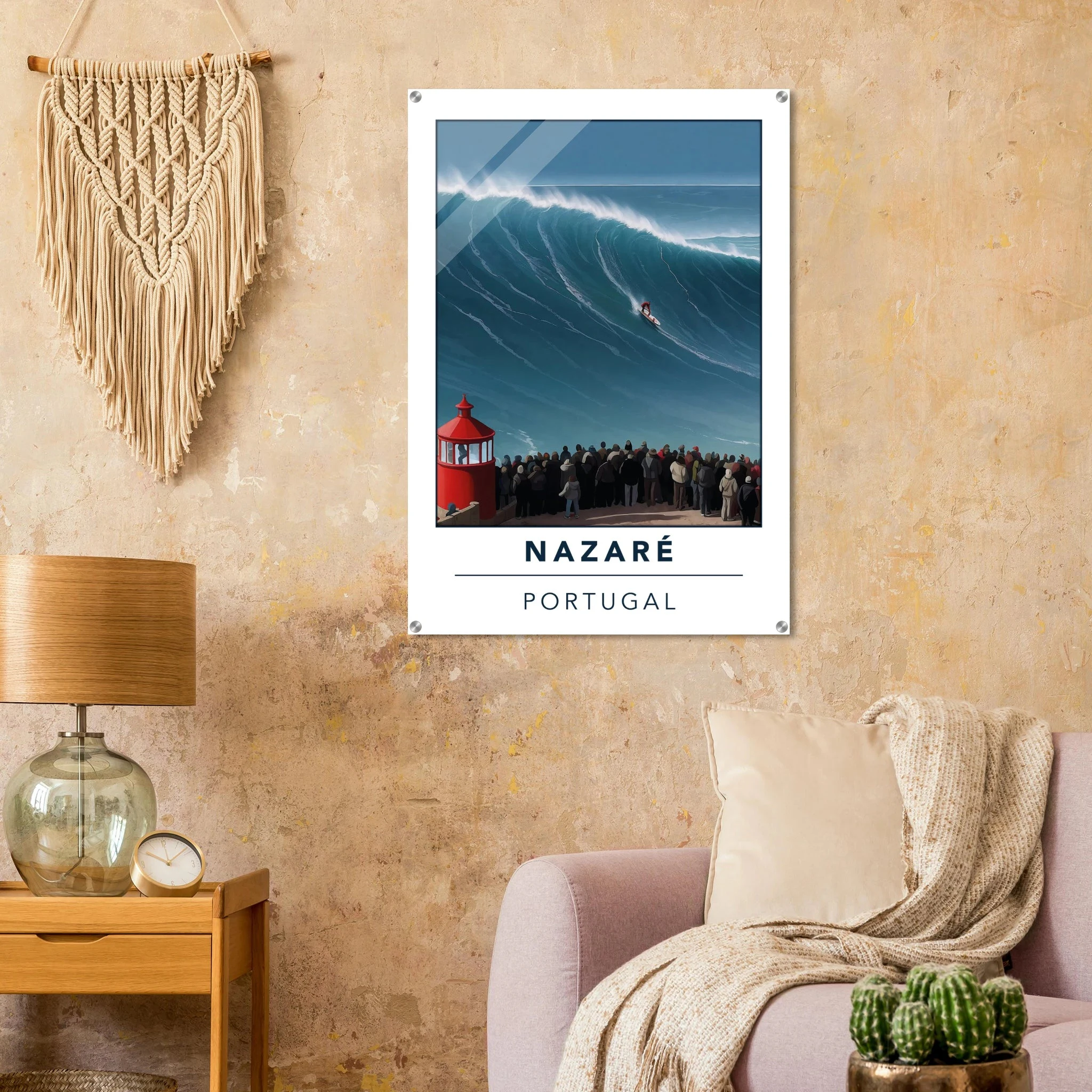 Nazaré, Portugal – Praia do Norte, weltgrößte Big-Wave-Welle Europas an der portugiesischen Atlantikküste. Kunstdruck auf Acrylglas.
