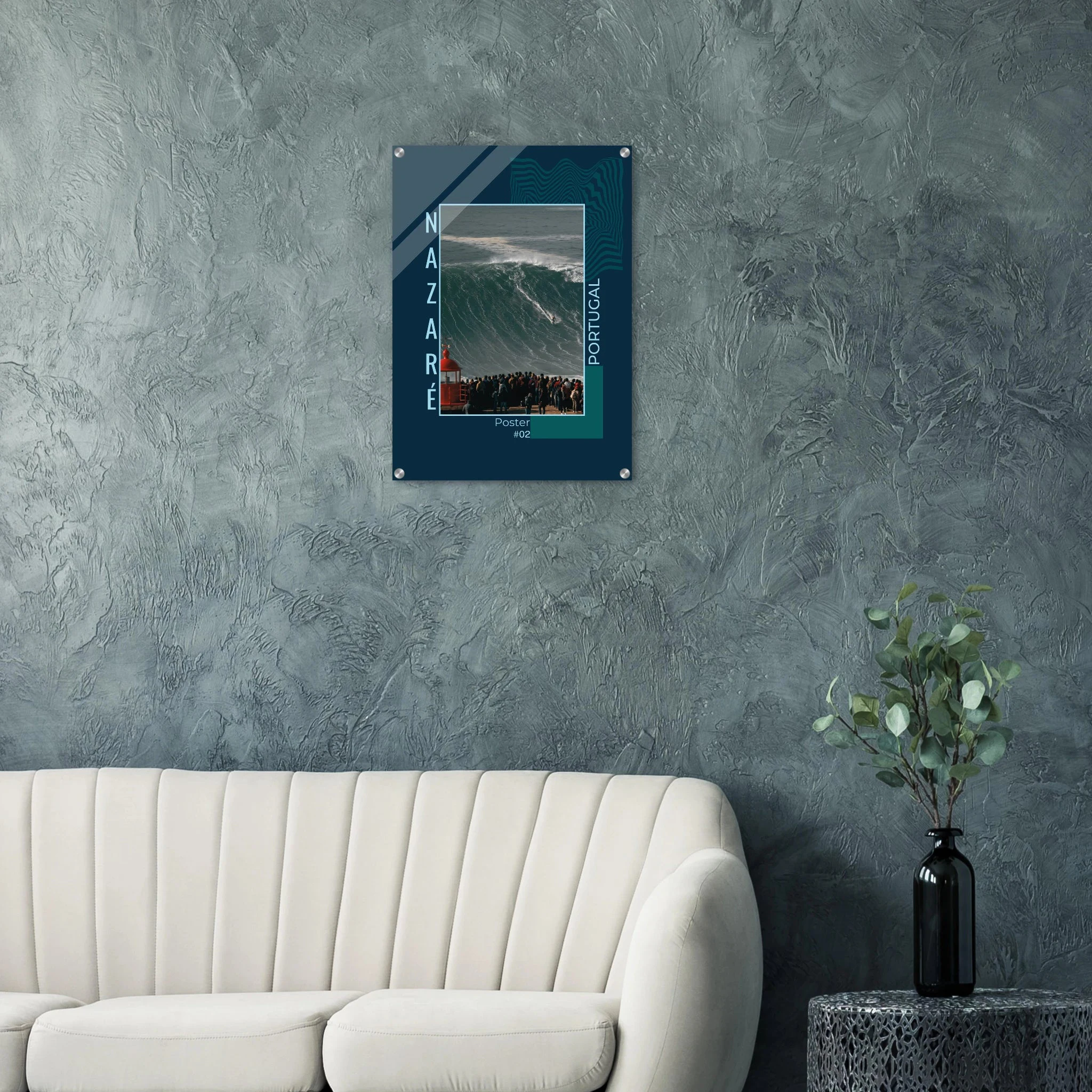 Nazaré, Portugal – Praia do Norte, weltgrößte Big-Wave-Welle Europas an der portugiesischen Atlantikküste. Kunstdruck auf Acrylglas.