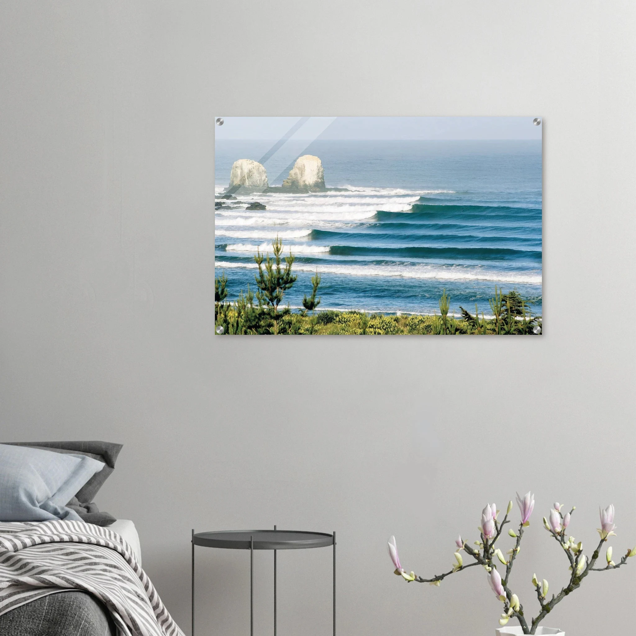 Punta de Lobos, Chile – Linker Pointbreak bei Pichilemu mit charakteristischen Felsnadeln Los Morros. Kunstdruck auf Acrylglas.