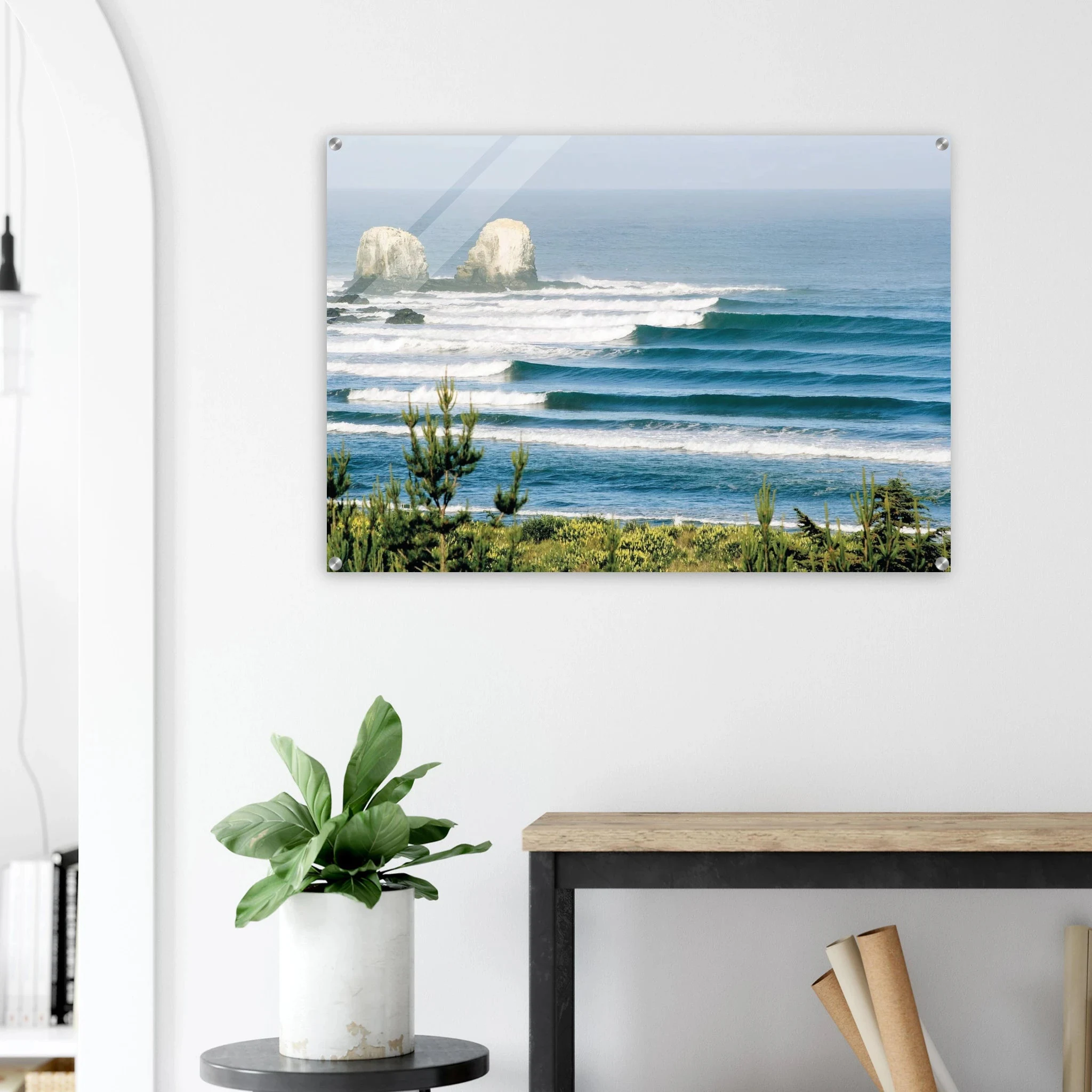 Punta de Lobos, Chile – Linker Pointbreak bei Pichilemu mit charakteristischen Felsnadeln Los Morros. Kunstdruck auf Acrylglas.