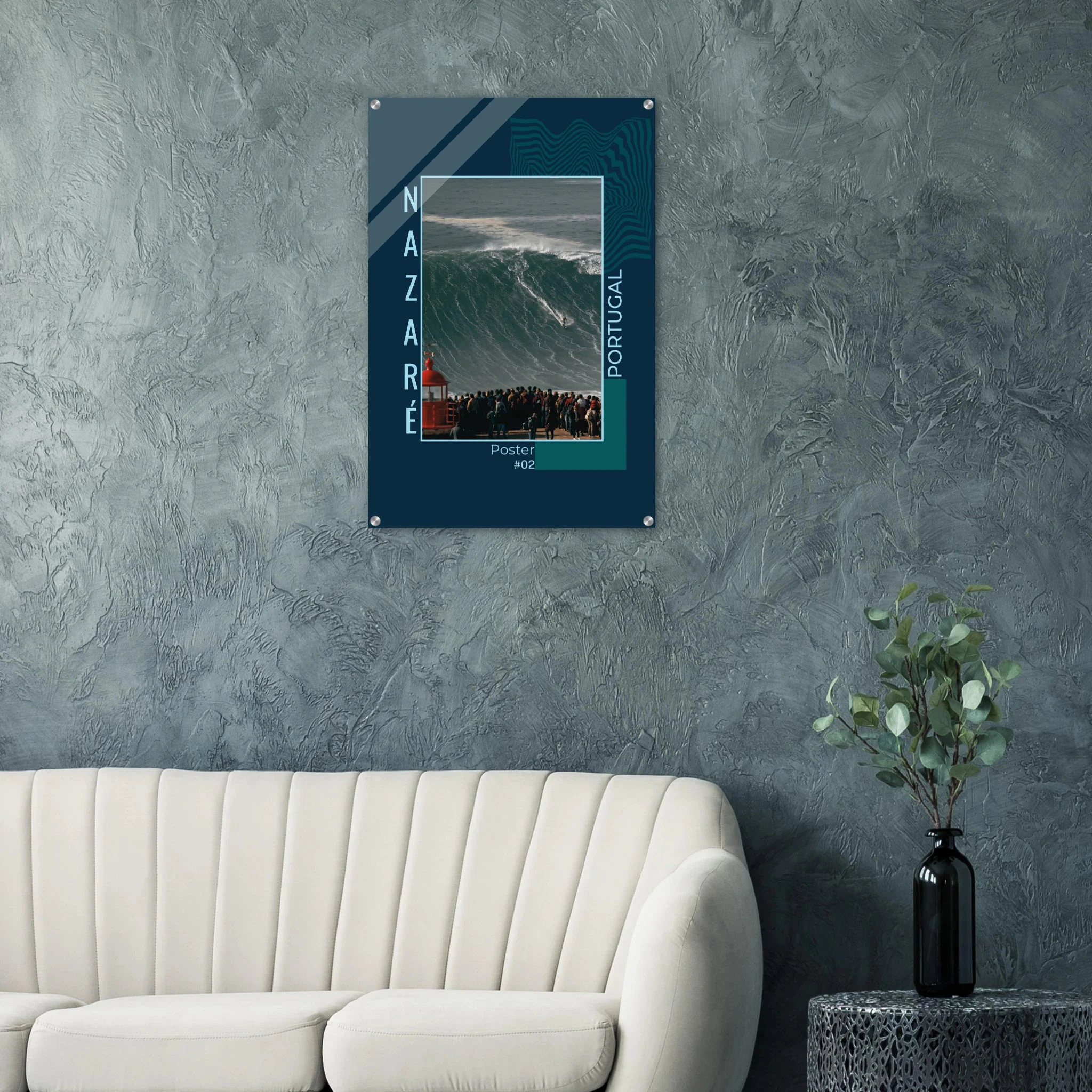 Nazaré, Portugal – Praia do Norte, weltgrößte Big-Wave-Welle Europas an der portugiesischen Atlantikküste. Kunstdruck auf Acrylglas.