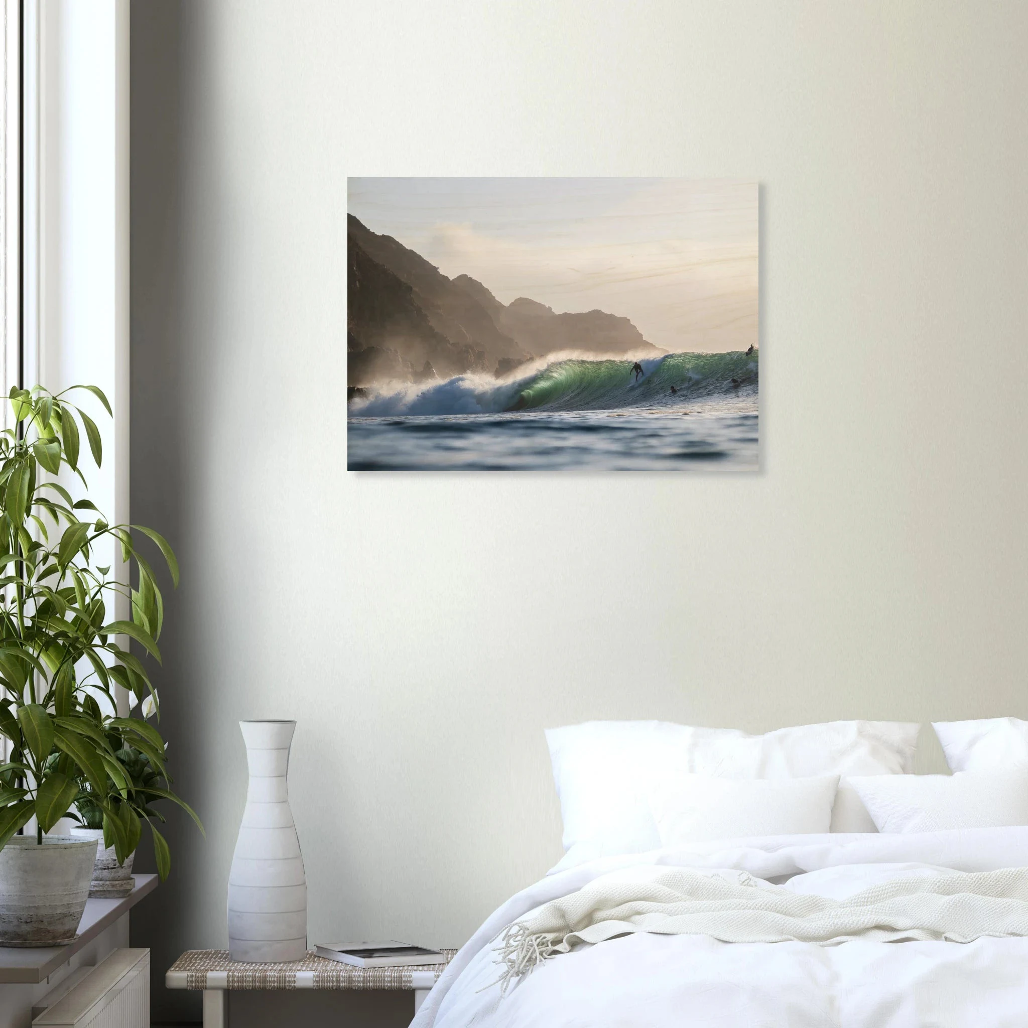 Punta de Lobos, Chile – Linker Pointbreak bei Pichilemu mit charakteristischen Felsnadeln Los Morros. Kunstdruck auf Holz.