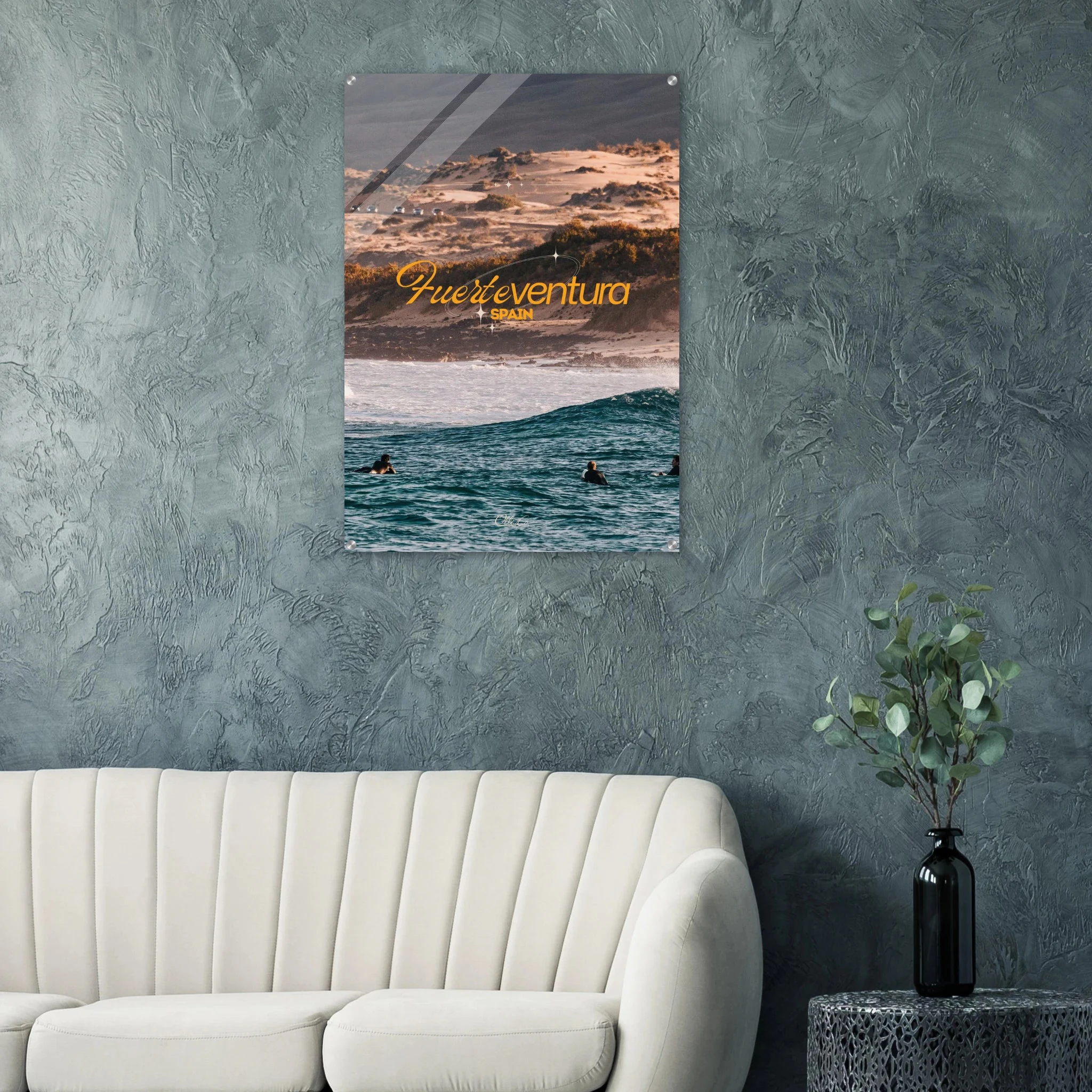 Fuerteventura, Spanien – Kanareninsel mit Vulkangestein-Reefbreaks im Norden und ganzjährig konstantem Atlantik-Swell. Kunstdruck auf Acrylglas.