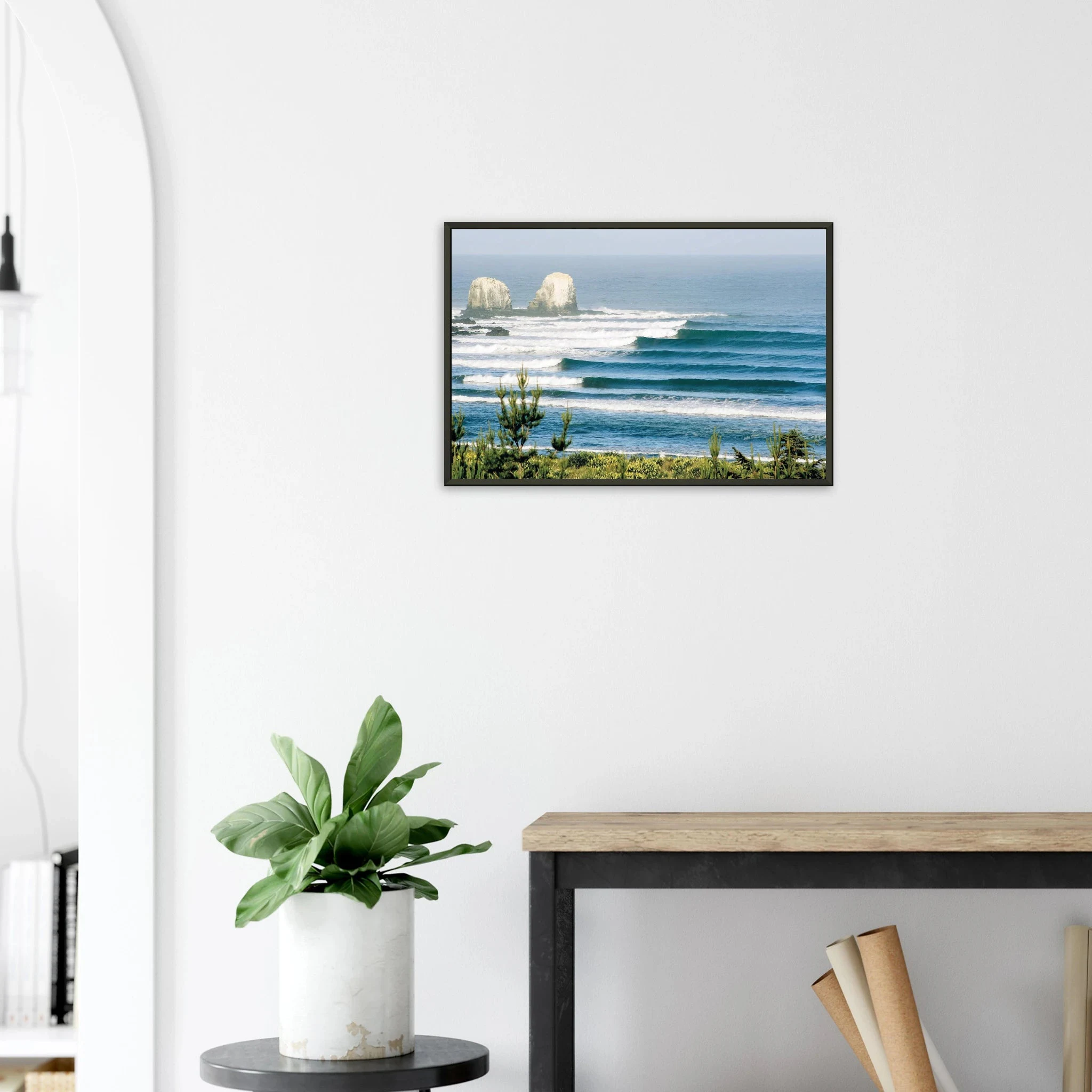 Punta de Lobos, Chile – Linker Pointbreak bei Pichilemu mit charakteristischen Felsnadeln Los Morros. Kunstdruck im Metallrahmen auf mattem Premiumpapier.