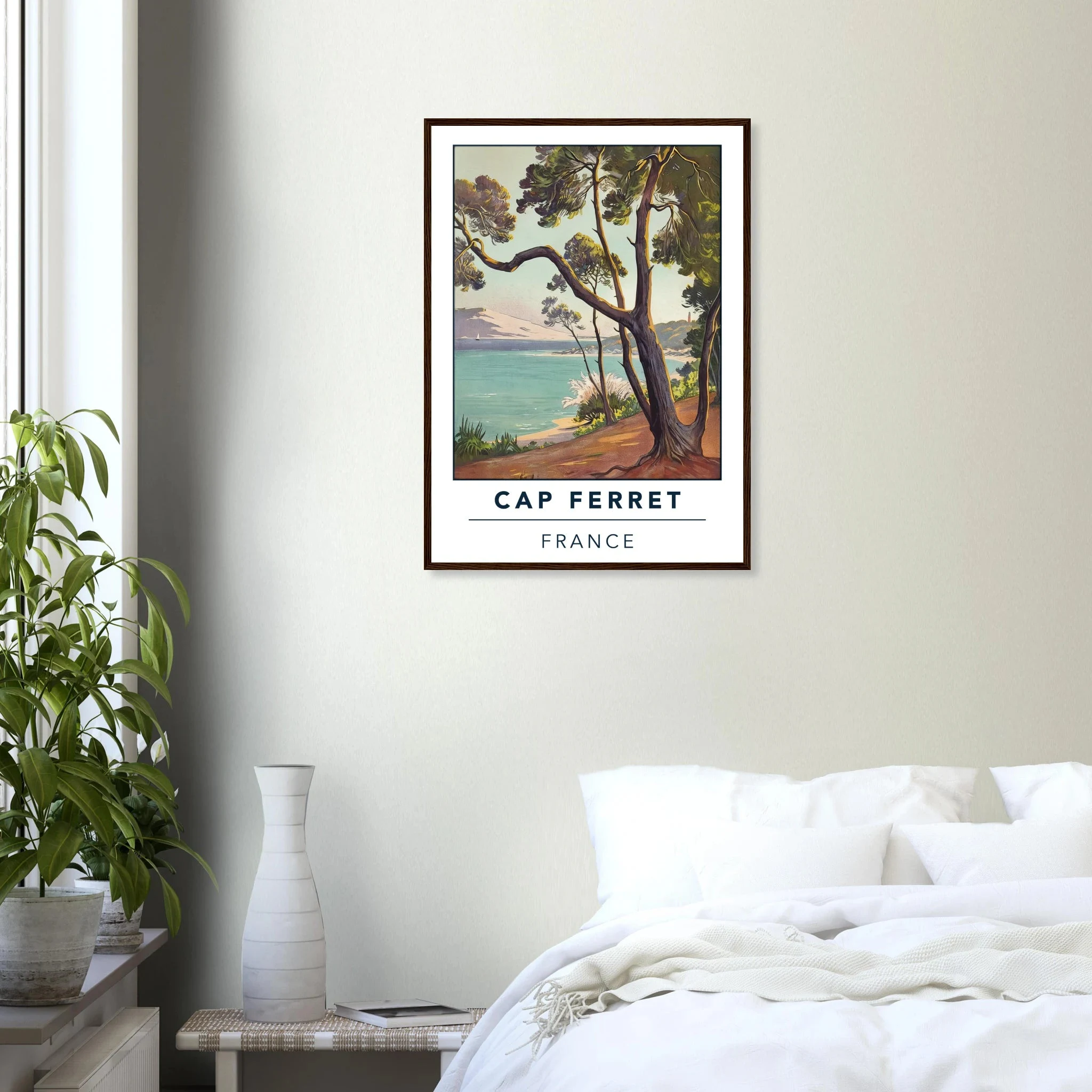 Cap Ferret, Frankreich – Atlantik-Halbinsel südwestlich von Bordeaux mit langen Beachbreaks und Dünenlandschaft. Poster im Holzrahmen.
