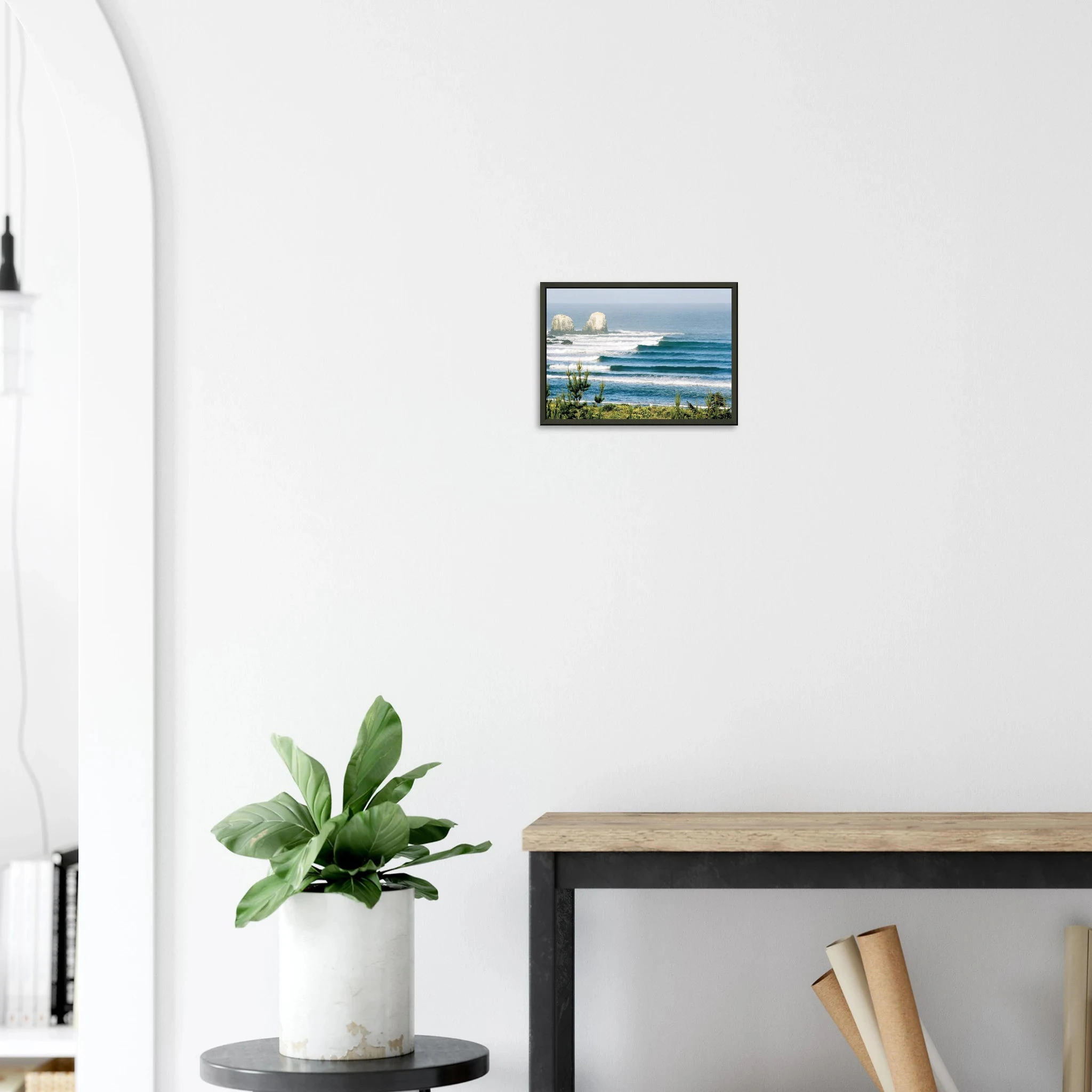 Punta de Lobos, Chile – Linker Pointbreak bei Pichilemu mit charakteristischen Felsnadeln Los Morros. Kunstdruck im Metallrahmen auf mattem Premiumpapier.