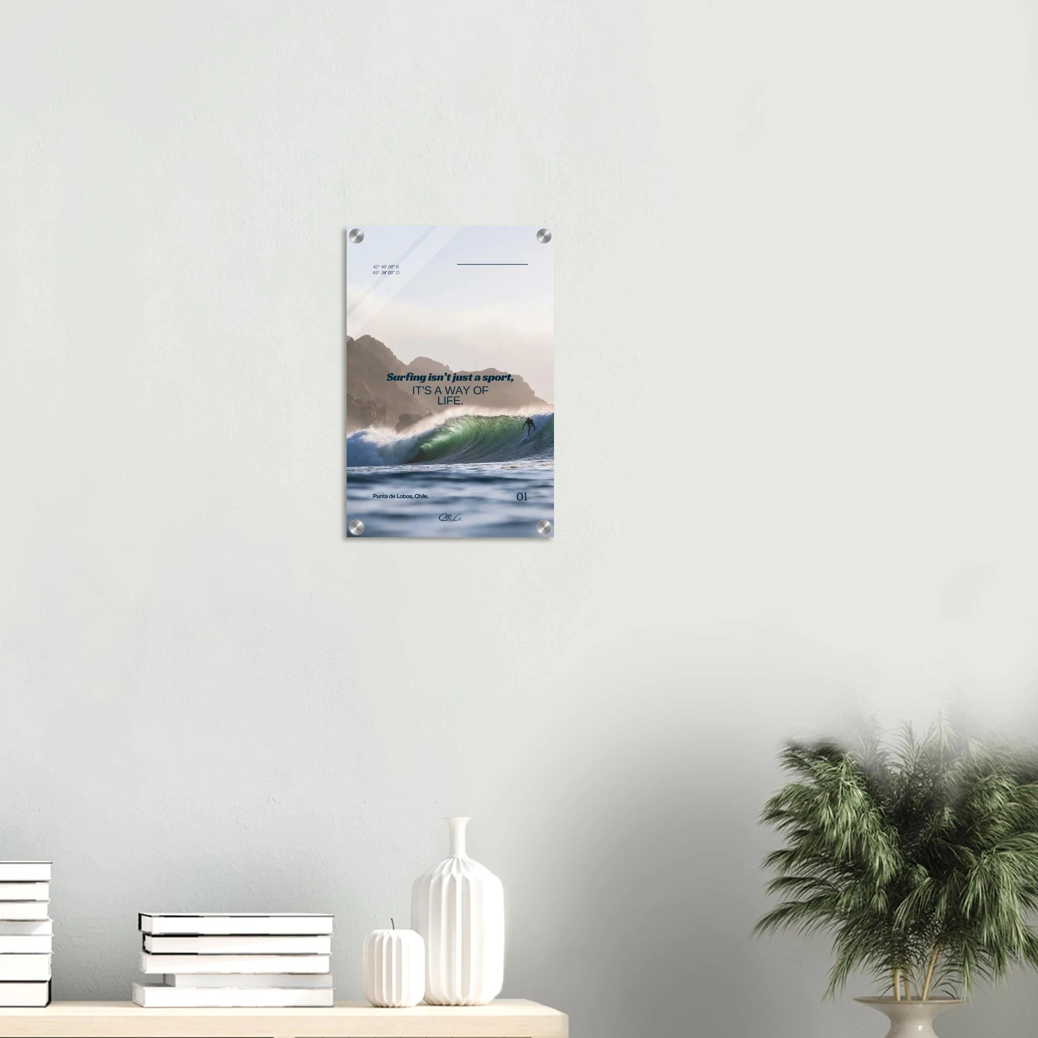 Punta de Lobos, Chile – Linker Pointbreak bei Pichilemu mit charakteristischen Felsnadeln Los Morros. Kunstdruck auf Acrylglas.