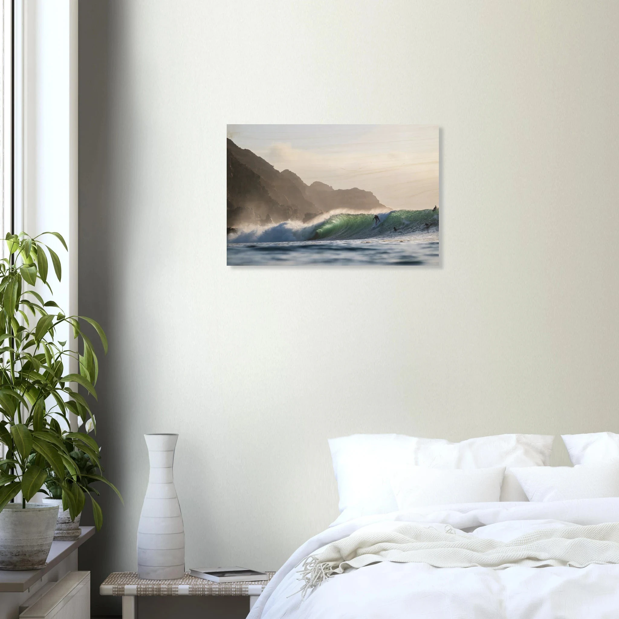 Punta de Lobos, Chile – Linker Pointbreak bei Pichilemu mit charakteristischen Felsnadeln Los Morros. Kunstdruck auf Holz.