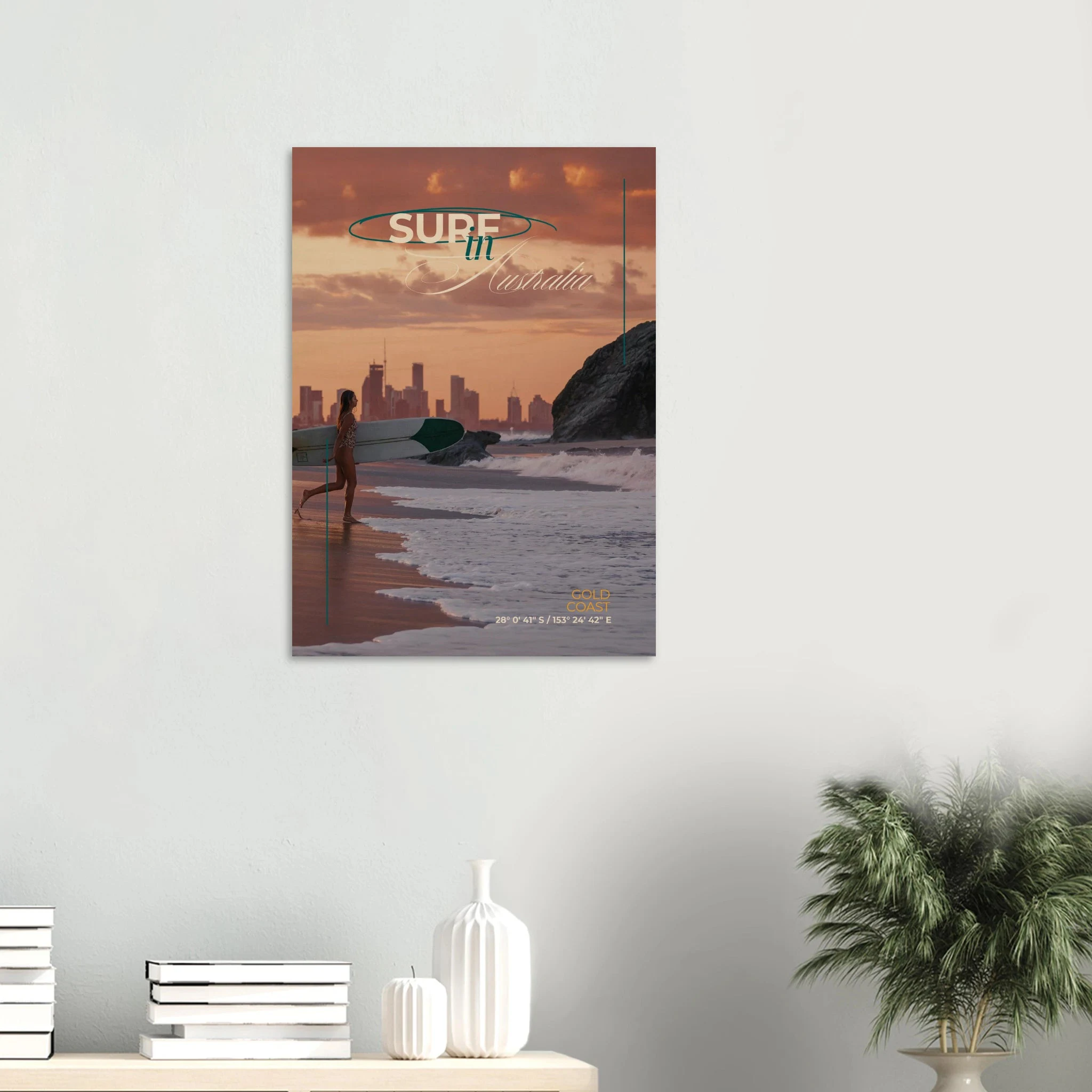 Gold Coast, Australien – Queensland-Küste mit Superbank Pointbreaks wie Snapper Rocks und Kirra. Kunstdruck auf Holz.