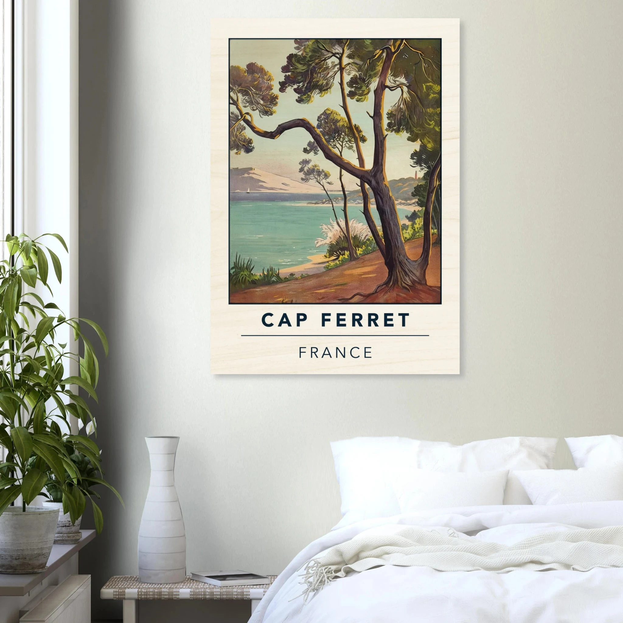 Cap Ferret, Frankreich – Atlantik-Halbinsel südwestlich von Bordeaux mit langen Beachbreaks und Dünenlandschaft. Kunstdruck auf Holz.