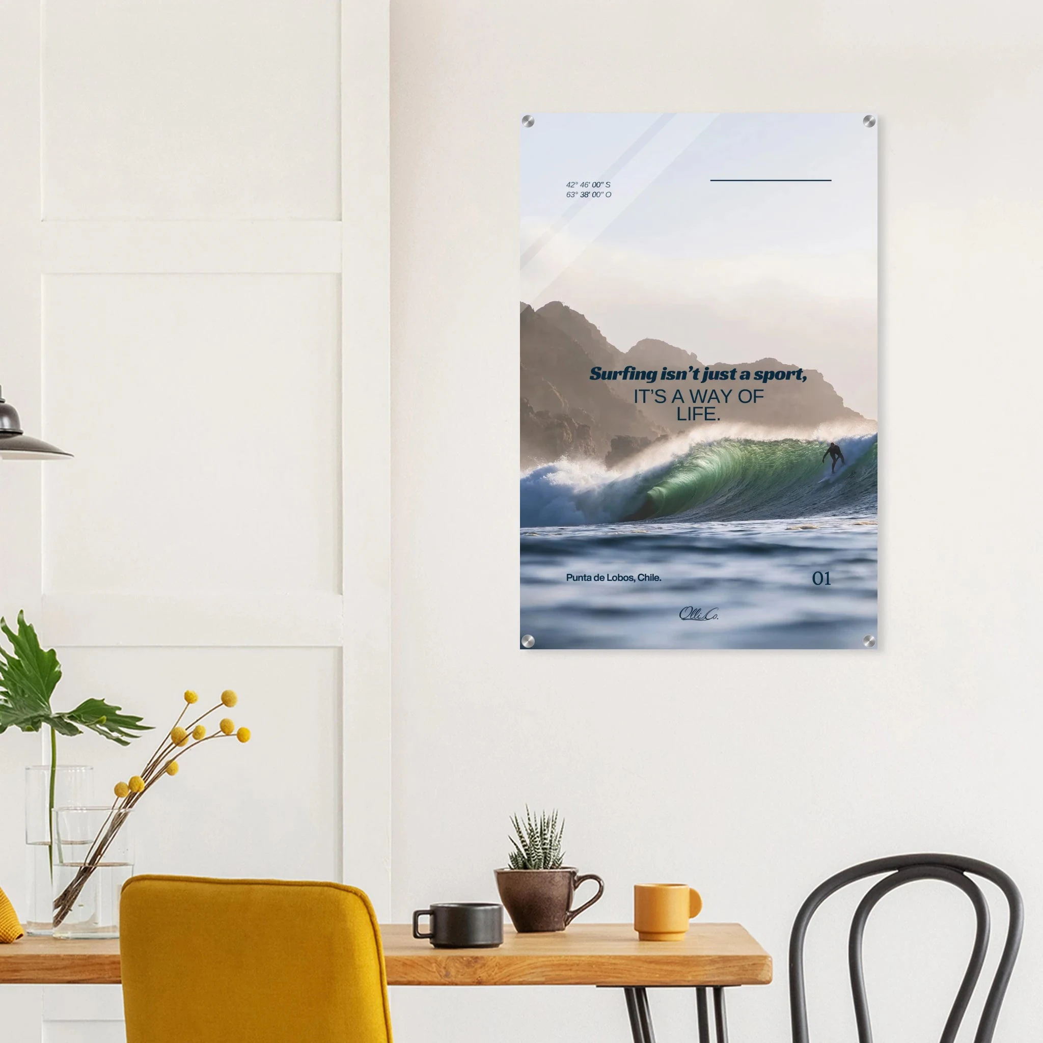 Punta de Lobos, Chile – Linker Pointbreak bei Pichilemu mit charakteristischen Felsnadeln Los Morros. Kunstdruck auf Acrylglas.