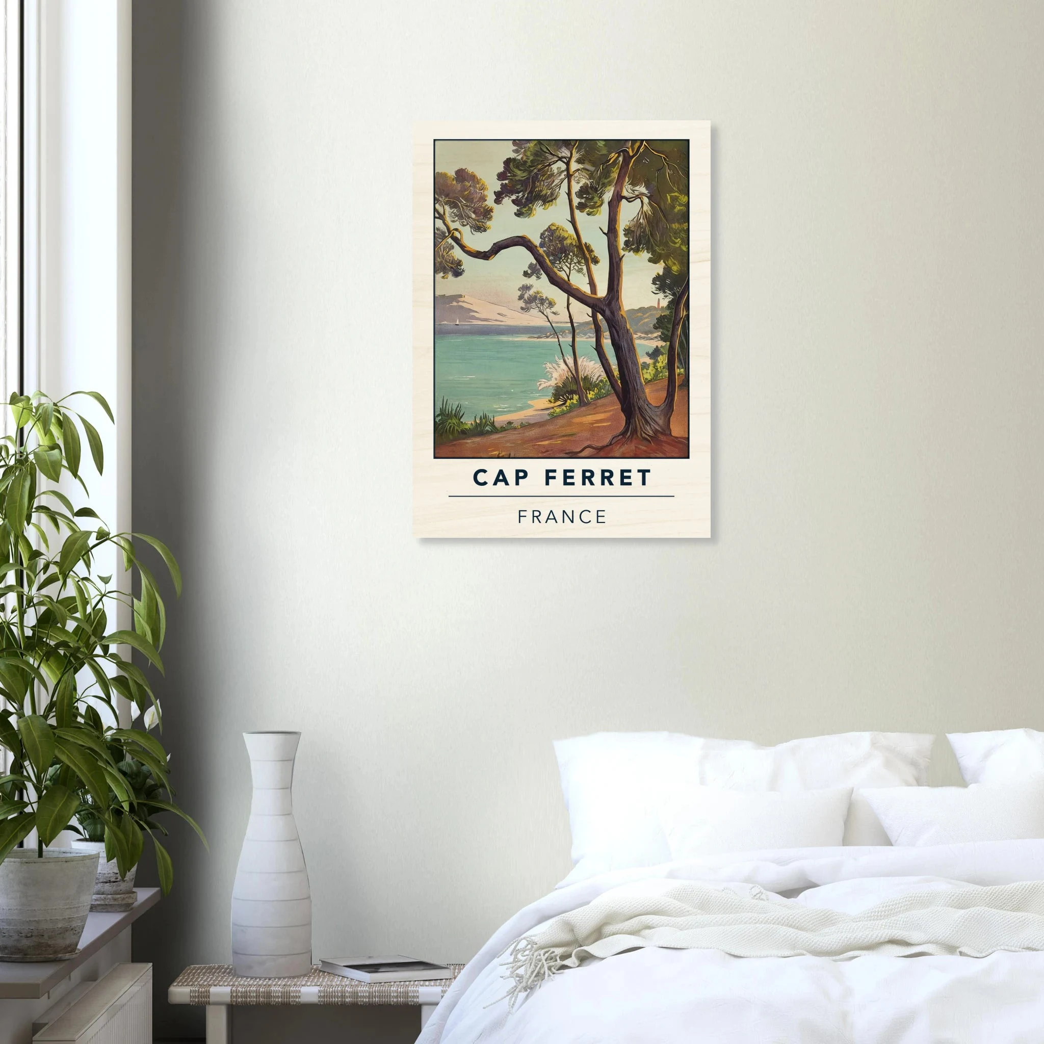 Cap Ferret, Frankreich – Atlantik-Halbinsel südwestlich von Bordeaux mit langen Beachbreaks und Dünenlandschaft. Kunstdruck auf Holz.