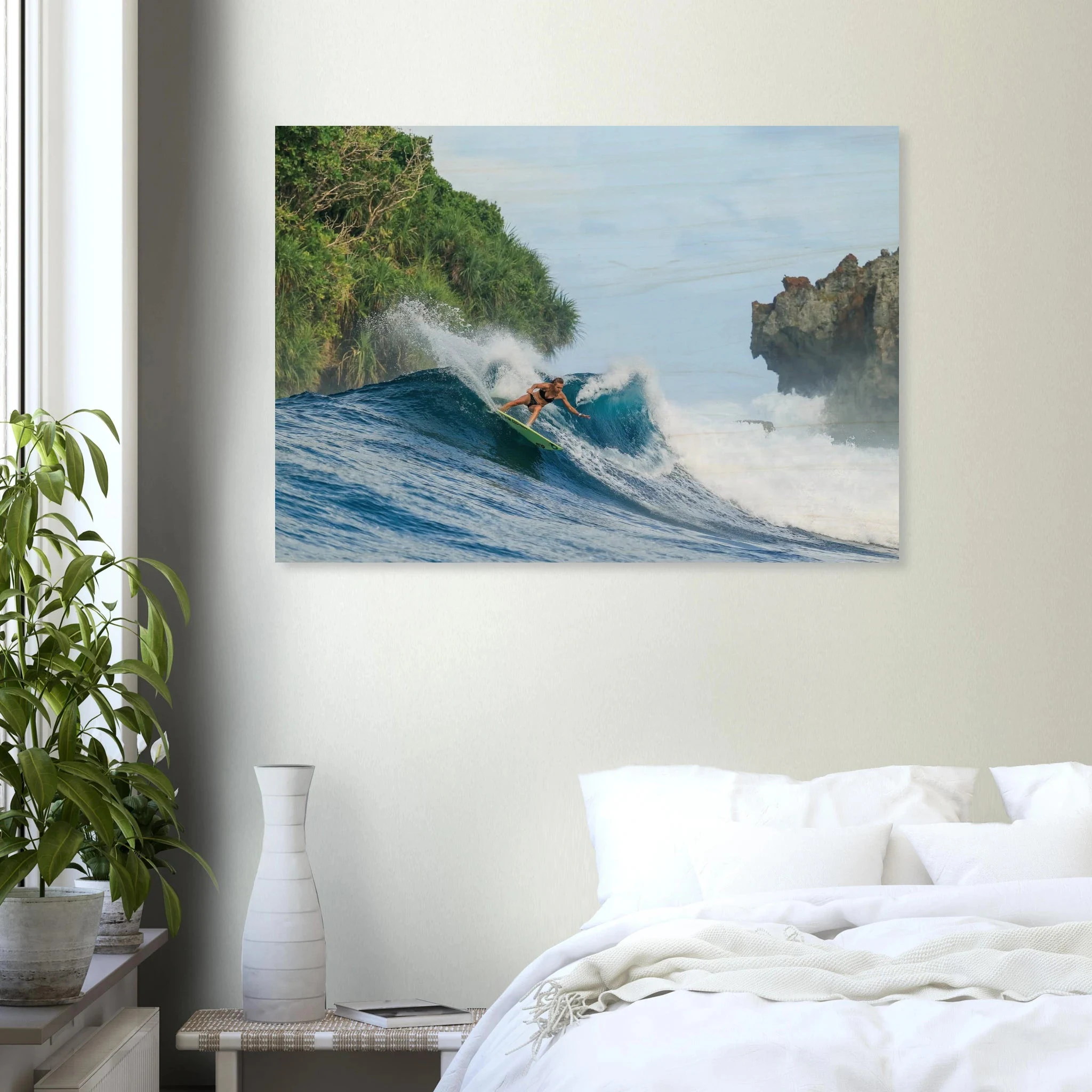 Siargao, Philippinen – Tropische Insel mit rechtem Reefbreak Cloud 9, Austragungsort der Siargao Cup. Kunstdruck auf Holz.