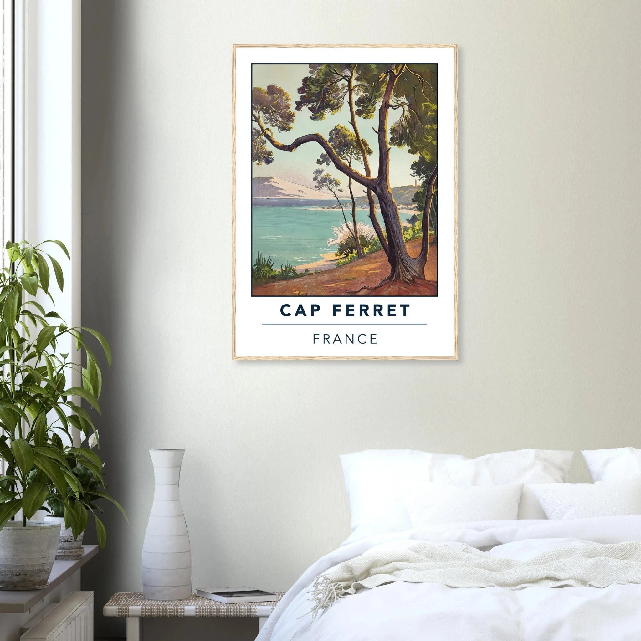 Cap Ferret, Frankreich – Atlantik-Halbinsel südwestlich von Bordeaux mit langen Beachbreaks und Dünenlandschaft. Poster im Holzrahmen.
