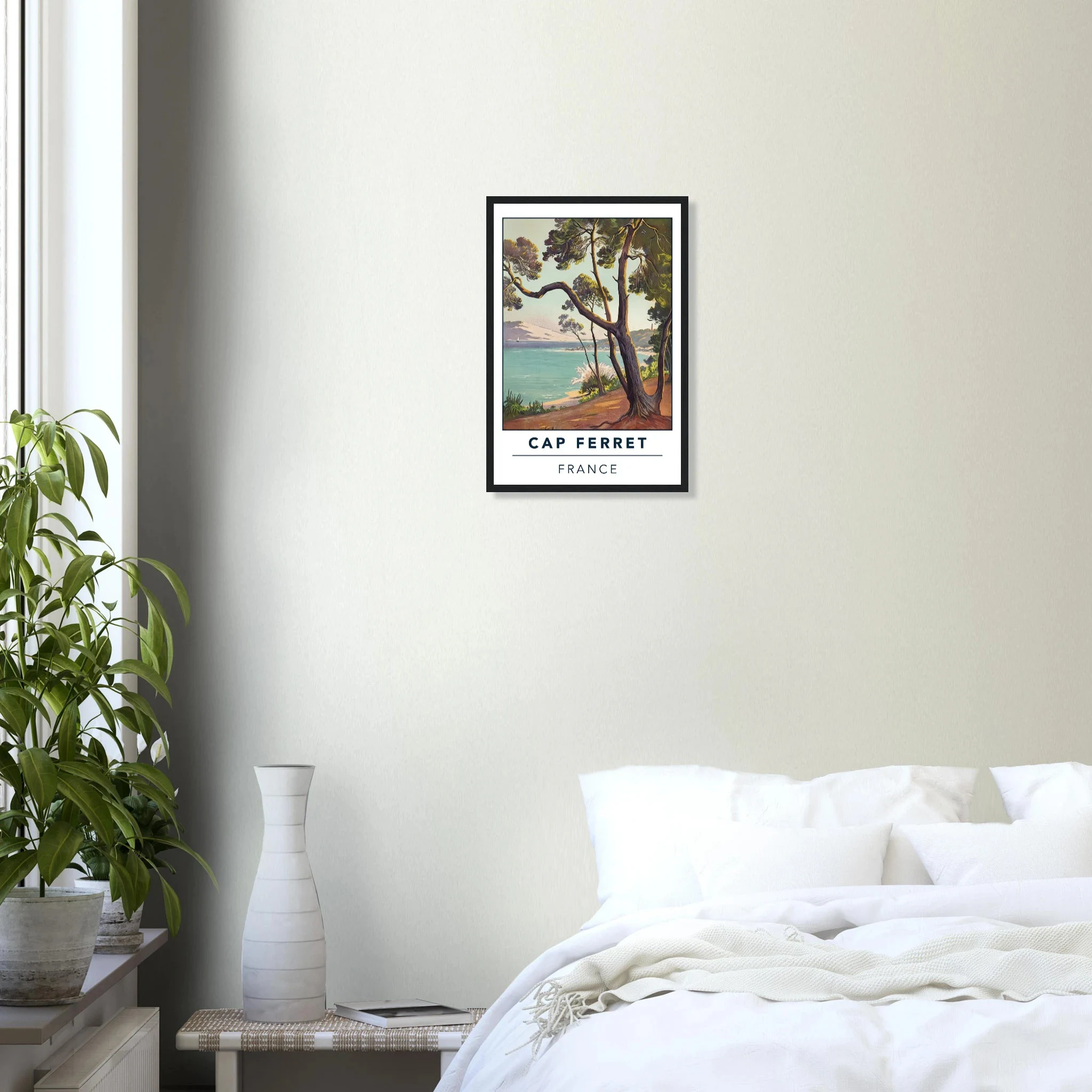 Cap Ferret, Frankreich – Atlantik-Halbinsel südwestlich von Bordeaux mit langen Beachbreaks und Dünenlandschaft. Poster im Holzrahmen.