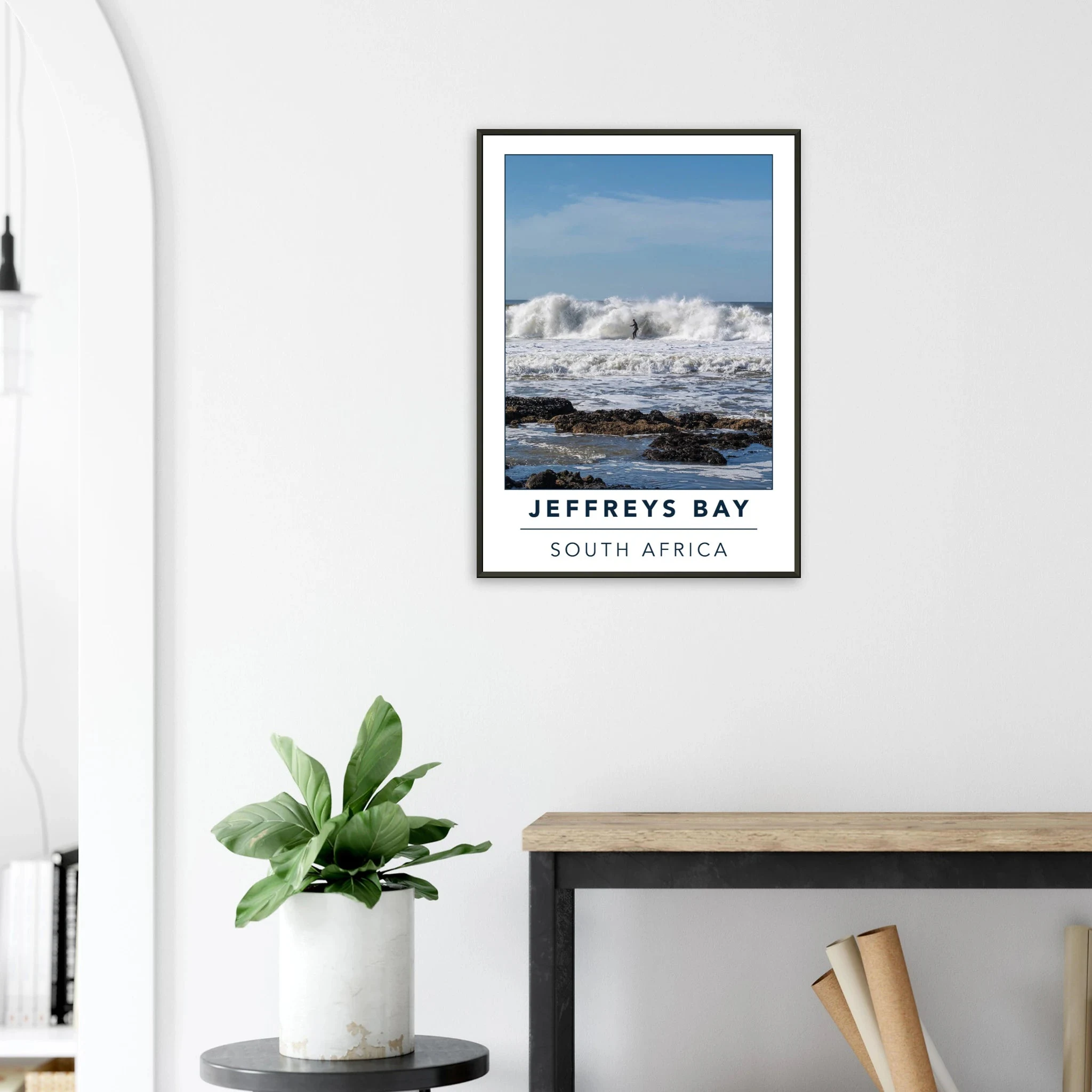 Jeffreys Bay, Südafrika – Supertubes-Pointbreak am Indischen Ozean, Austragungsort der WSL Corona Open J-Bay. Poster im Metallrahmen.