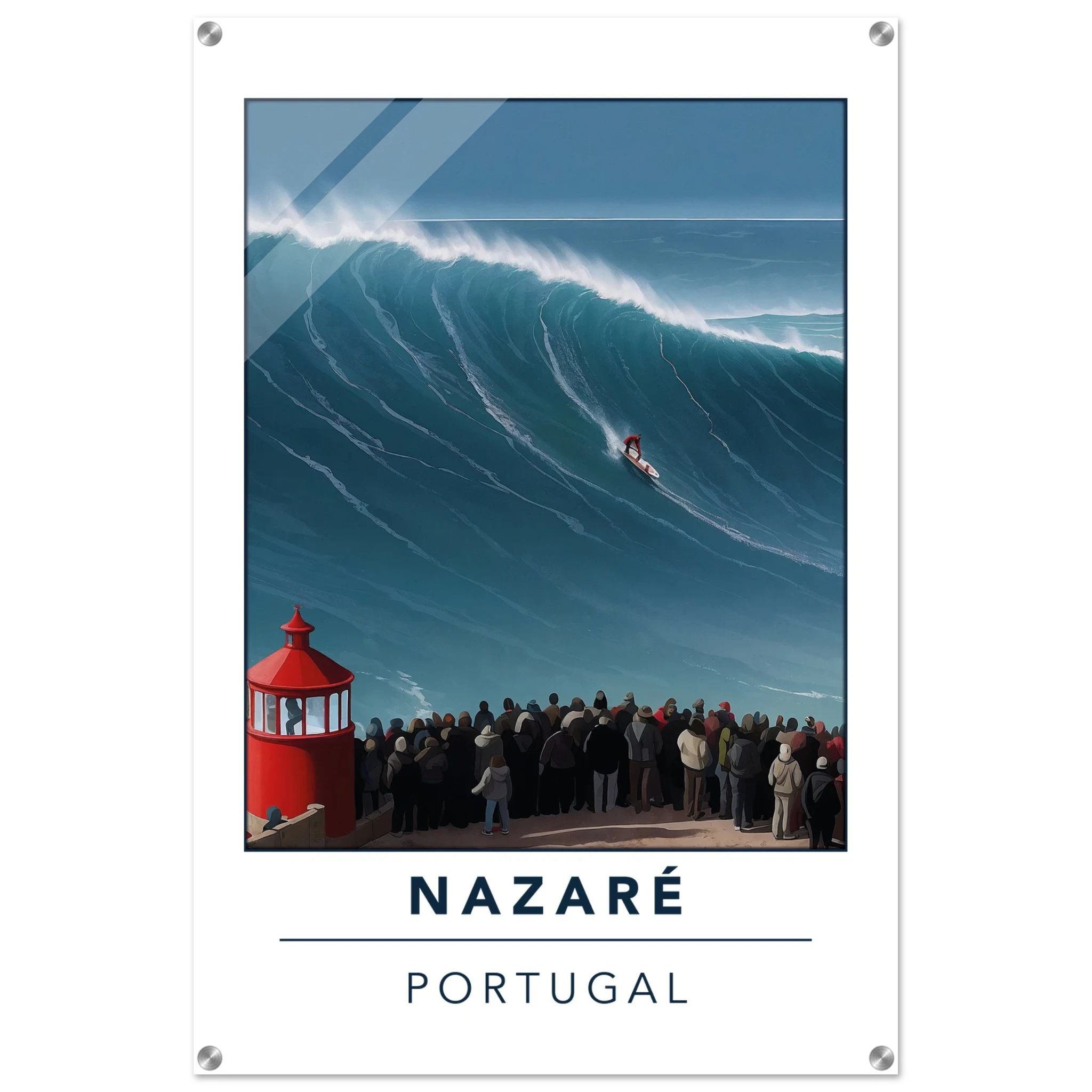 Nazaré, Portugal – Praia do Norte, weltgrößte Big-Wave-Welle Europas an der portugiesischen Atlantikküste. Kunstdruck auf Acrylglas.