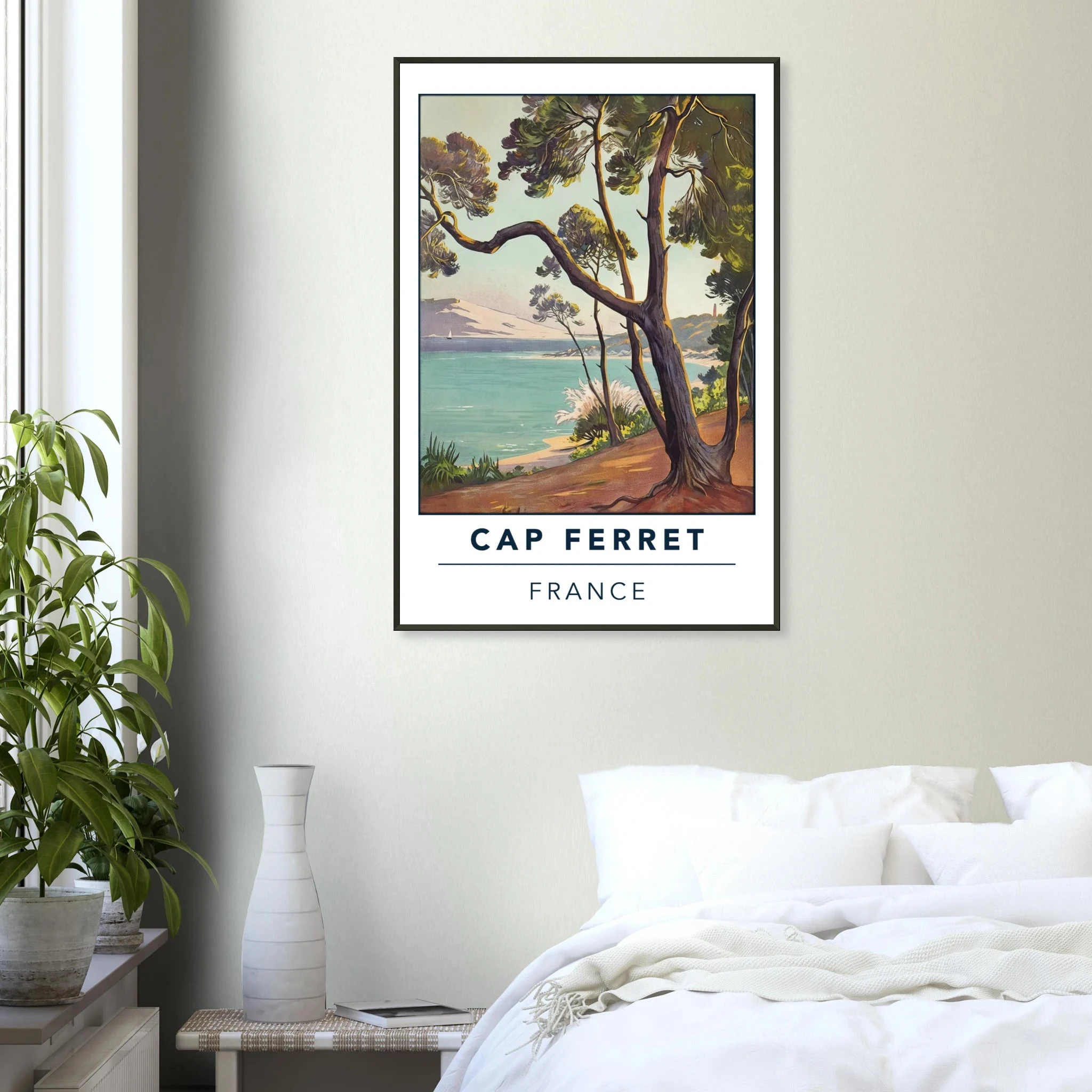 Cap Ferret, Frankreich – Atlantik-Halbinsel südwestlich von Bordeaux mit langen Beachbreaks und Dünenlandschaft. Poster im Metallrahmen.