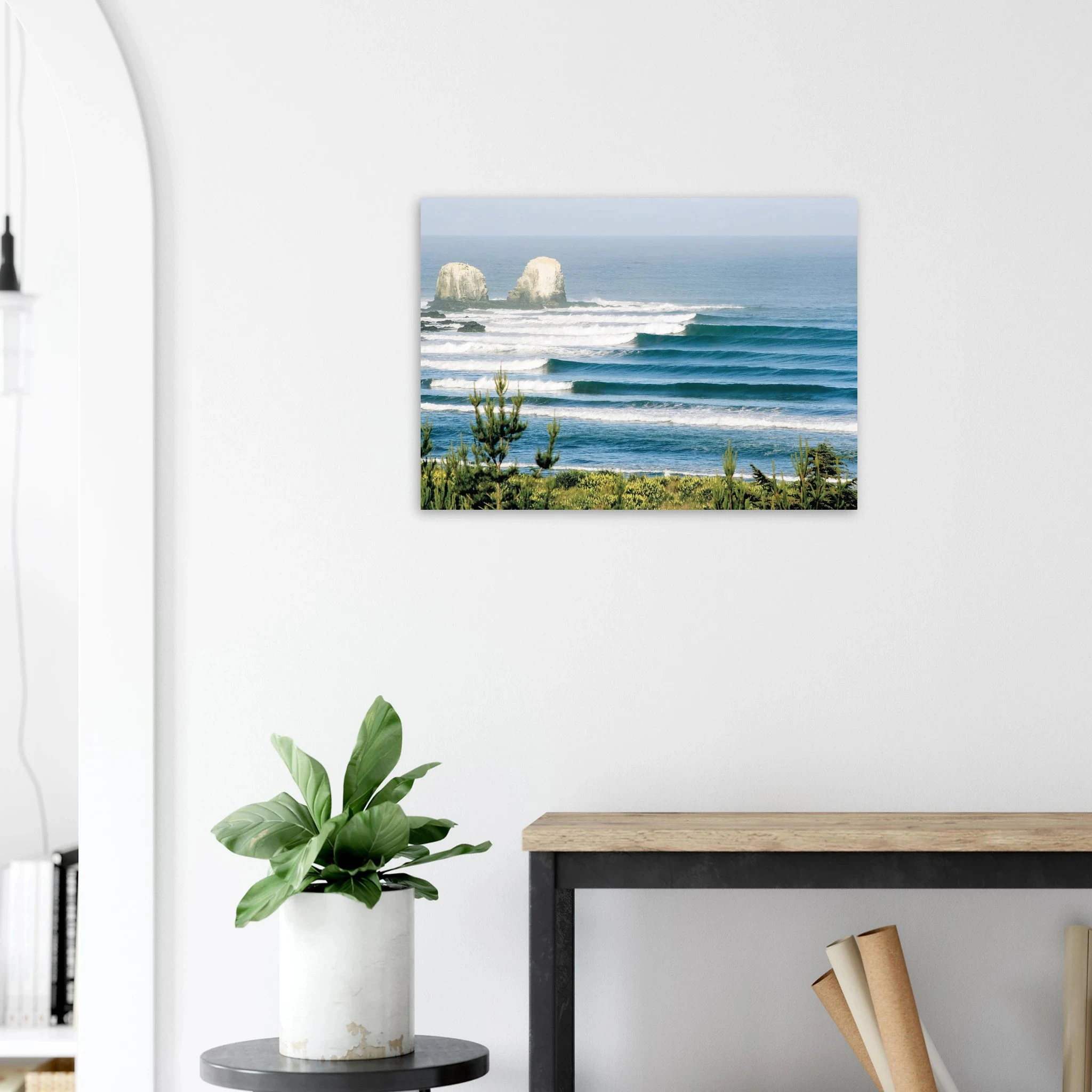 Punta de Lobos, Chile – Linker Pointbreak bei Pichilemu mit charakteristischen Felsnadeln Los Morros. Kunstdruck auf Alu-Dibond.