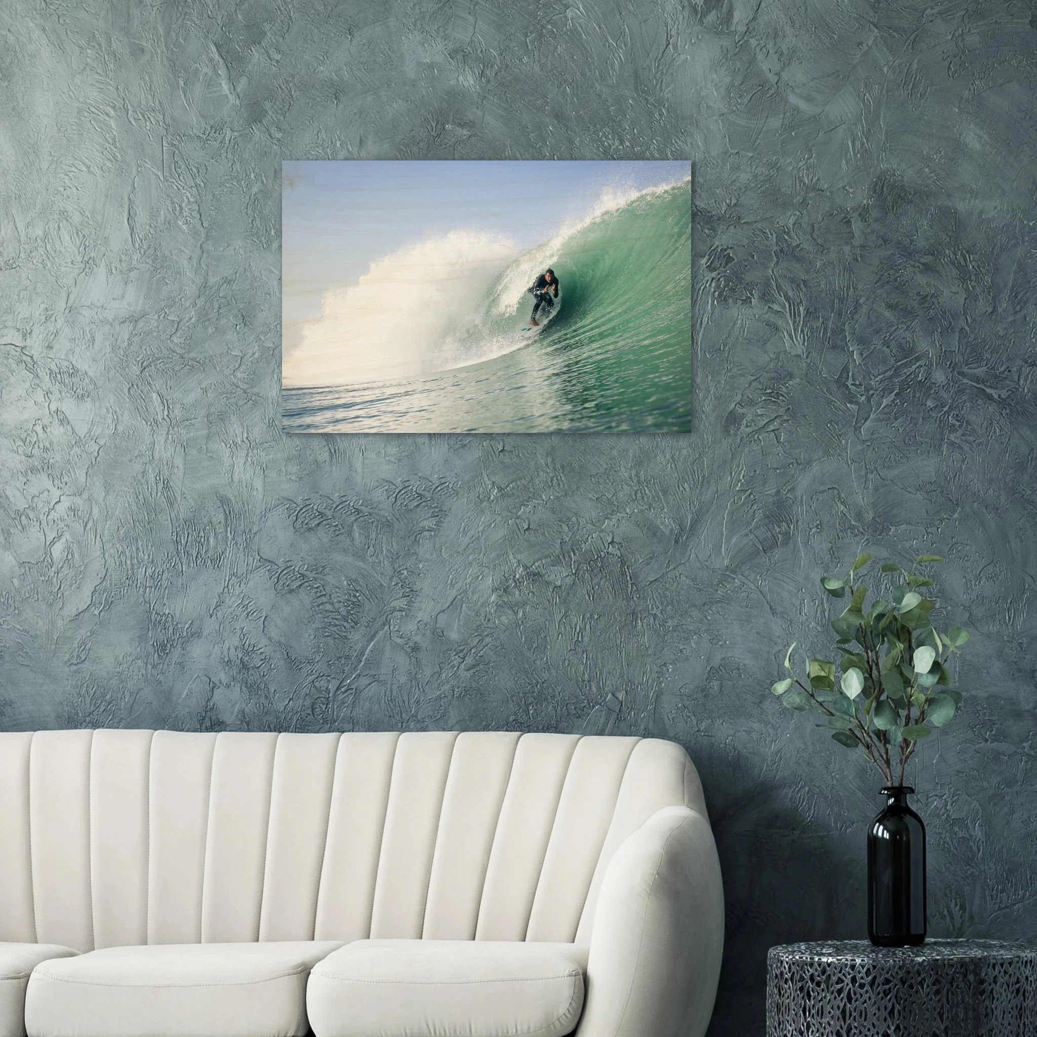 Seignosse, Frankreich – Dünenstrand in den Landes mit hohlen Beachbreaks und ausgeprägter Herbstsaison. Kunstdruck auf Holz.